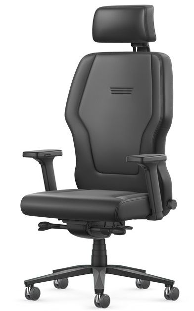 Schwarzer XXL Interstuhl Schwerlaststuhl XL113 mit hoher Rückenlehne und verstellbarer Kopfstütze.