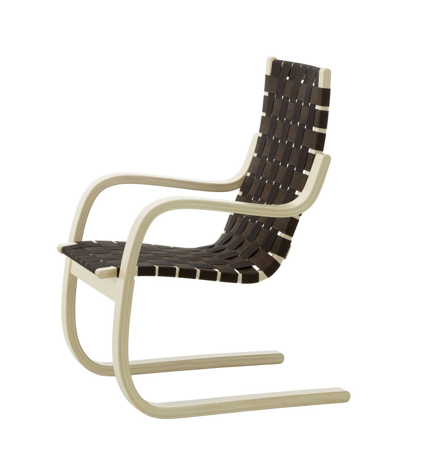 Armchair 406 Sessel Artek mit gebogenem Holzrahmen und braunem Webstoff für Sitz und Rückenlehne.