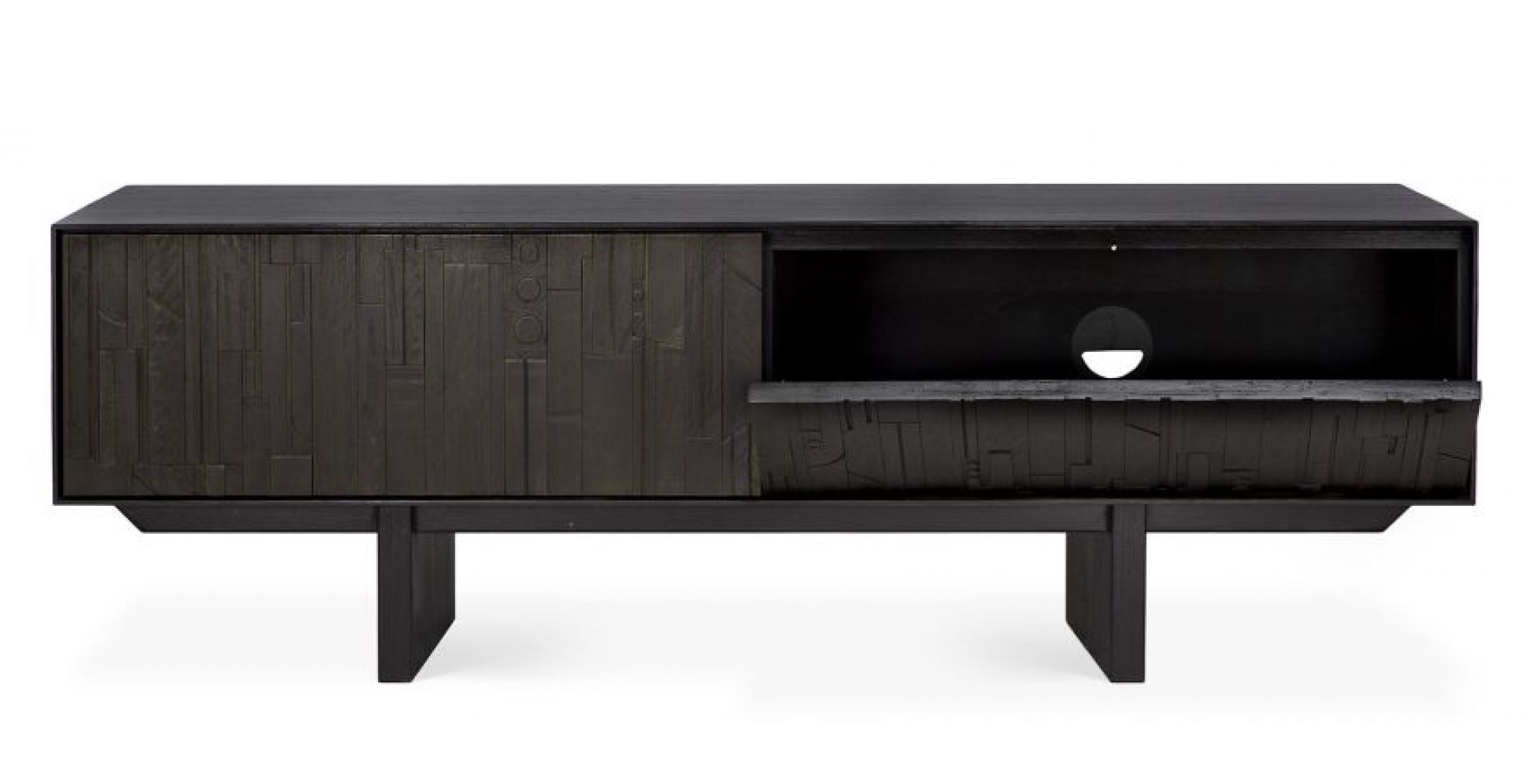 Ethnicraft Mosaic TV-Möbel: Dunkles Holz TV-Lowboard mit Schiebetür und offenem Fach.