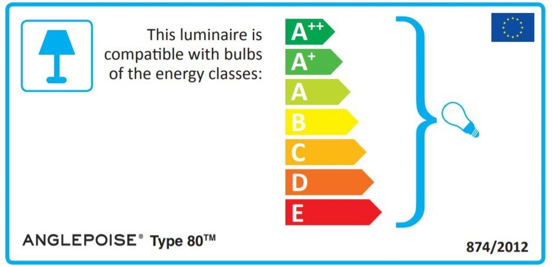 Energieeffizienzlabel der Anglepoise Type 80 Tischleuchte, kompatibel mit Leuchtmitteln der Energieklassen A++ bis E.