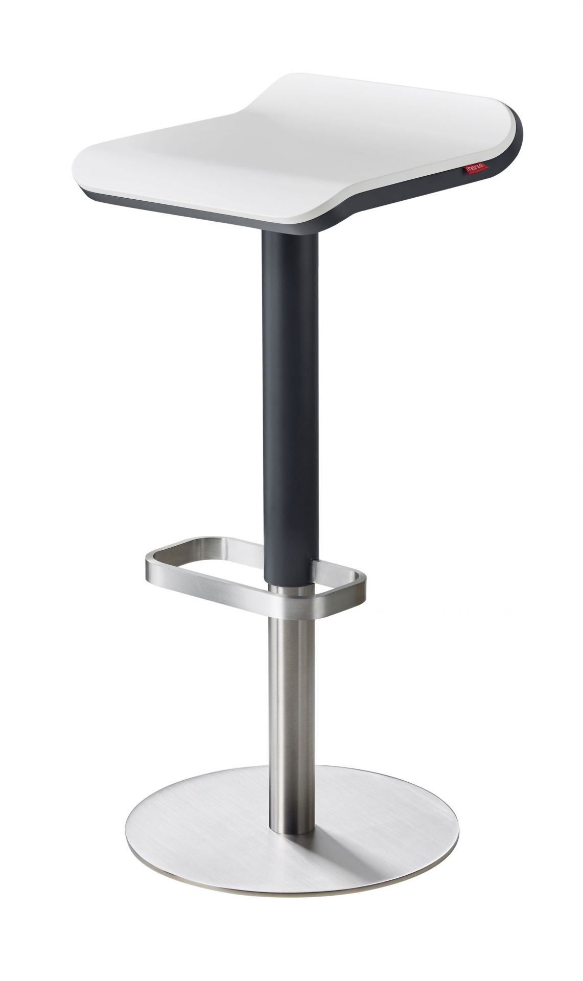 Bild eines modernen, höhenverstellbaren Barhockers von Moree mit weißer Sitzfläche und Edelstahlfuß.