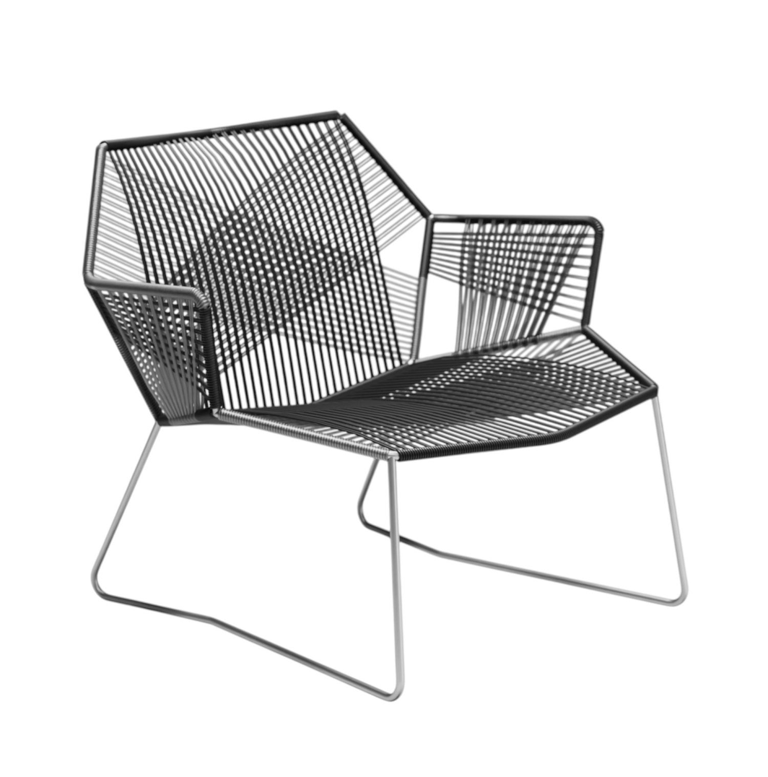 Tropicalia TR0 Sessel von Moroso: Moderner Outdoor Lounge Sessel mit schwarzer Kordelbespannung und silbernem Gestell.