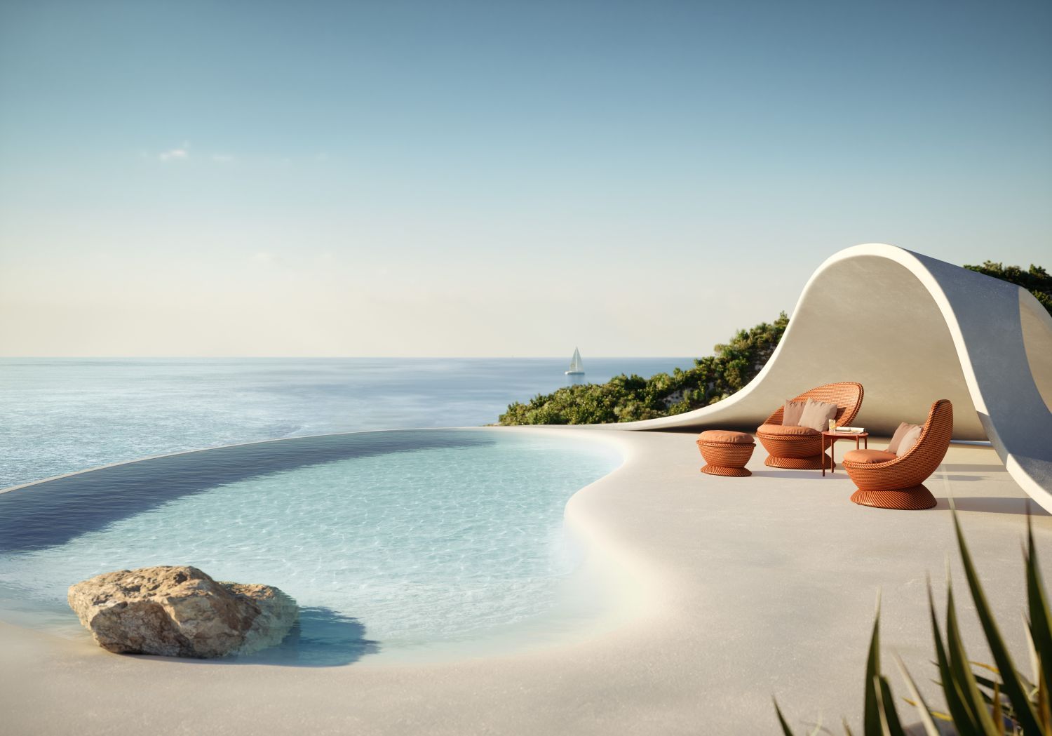 Papyon Hocker mit Sitzkissen von Dedon am Pool mit Meerblick, Outdoor Möbel.