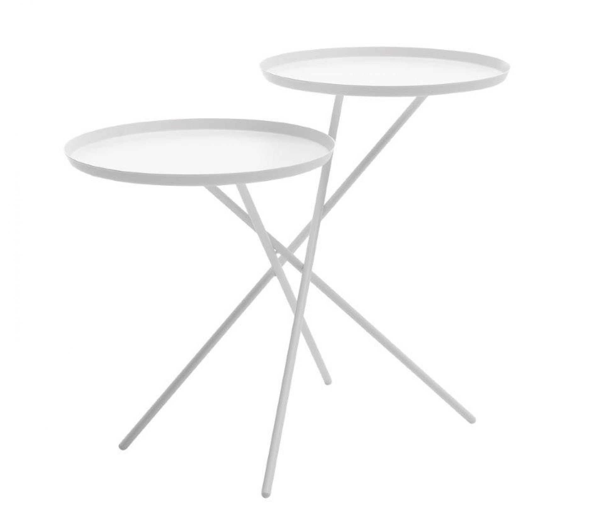 Zwei weiße Monday Beistelltische mit filigranem Metallgestell, moderne Wohnzimmermöbel und Ablagetische.