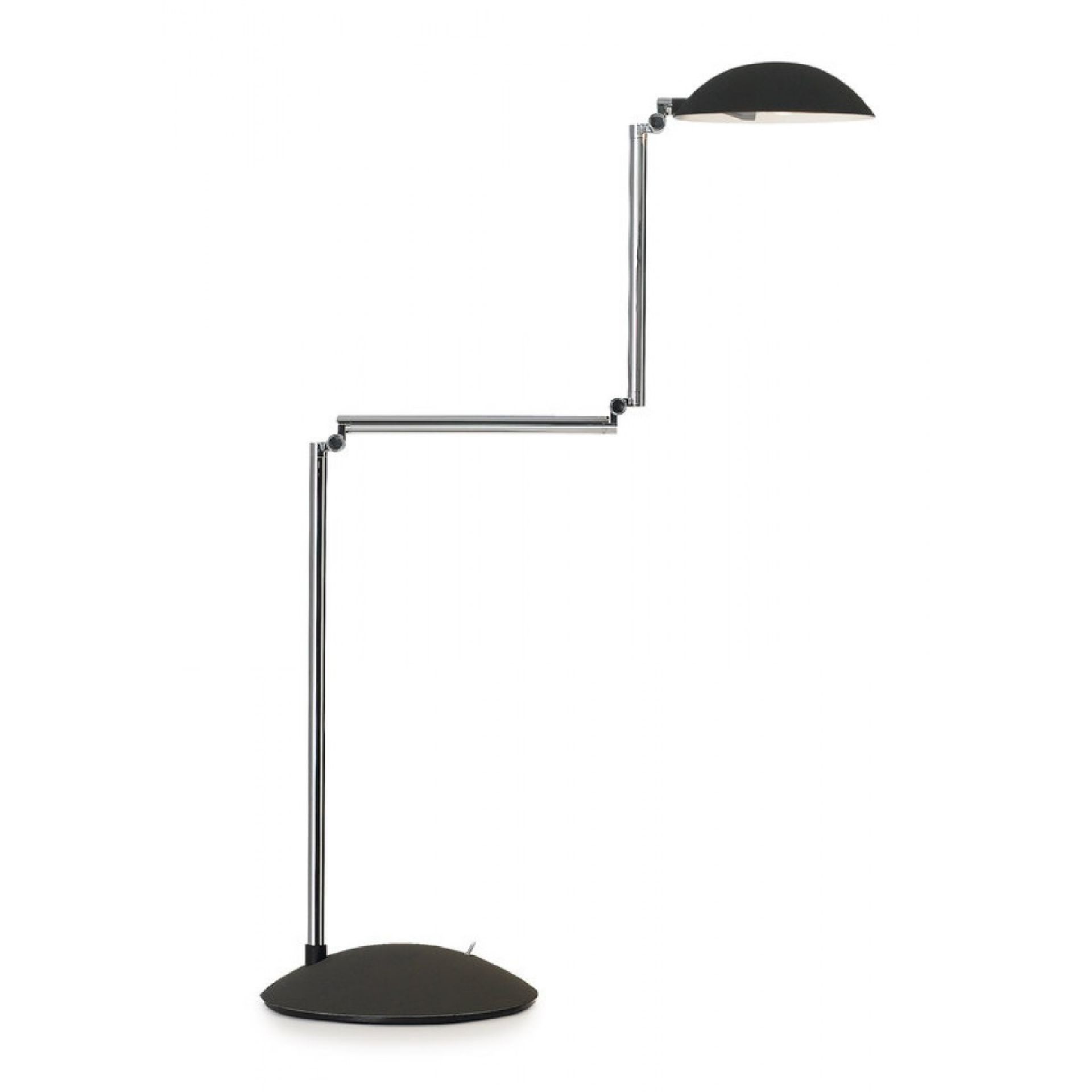 Orbis Tischleuchte von ClassiCon: Moderne Schreibtischlampe mit verstellbarem Chromgestell und schwarzem Lampenschirm.