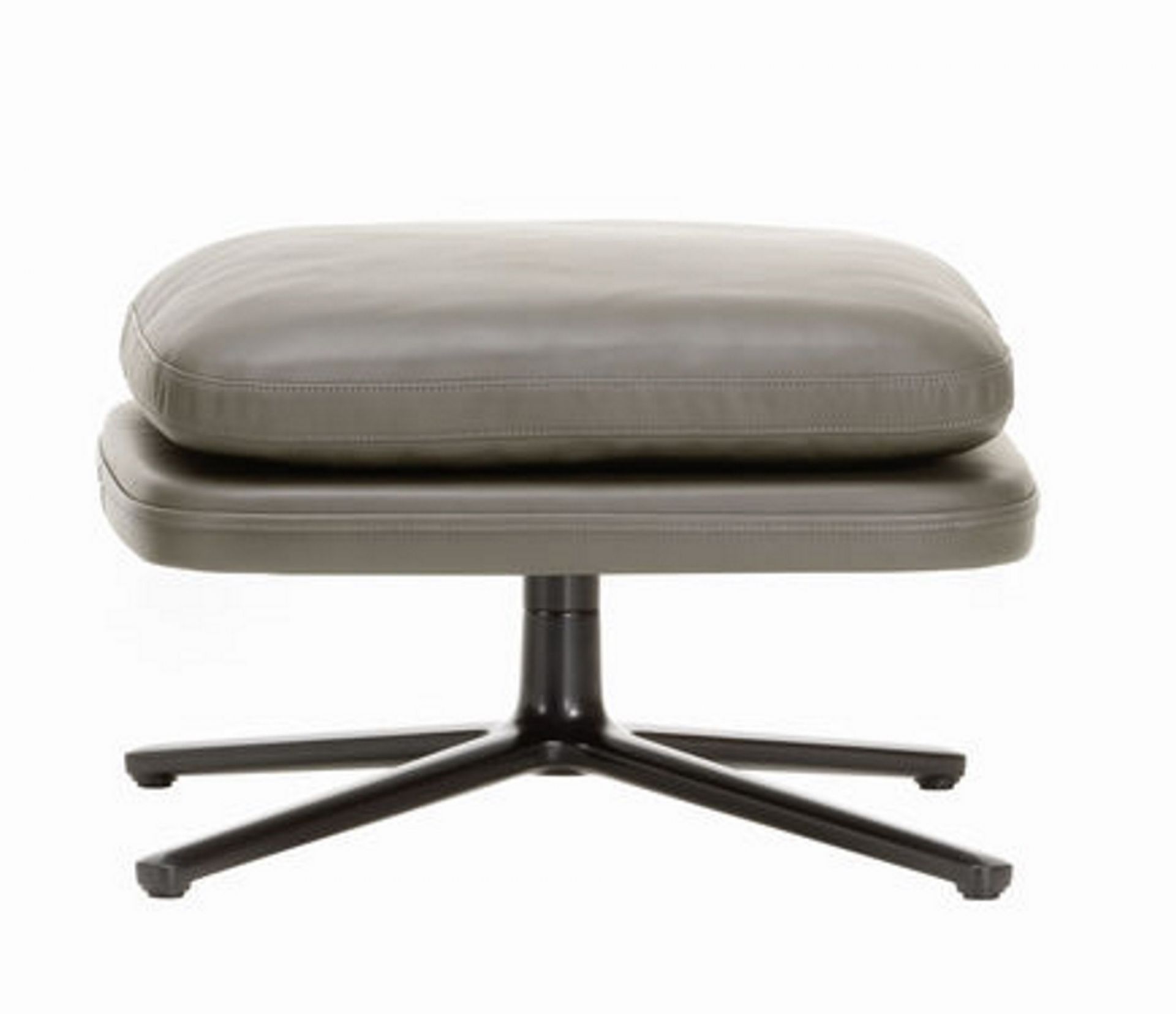 Grauer Vitra Ottoman mit Lederbezug und schwarzem Drehfuß für entspanntes Sitzen.