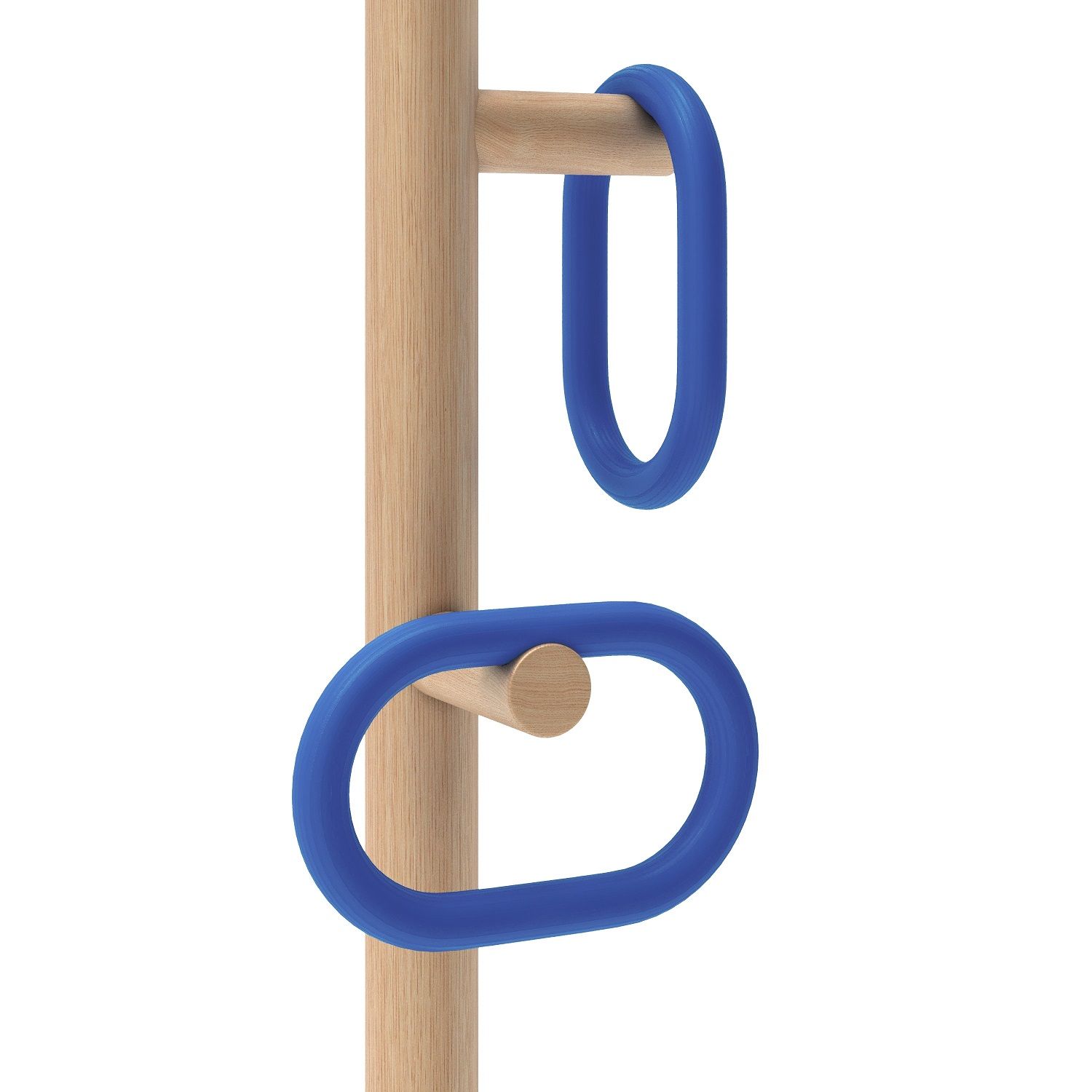 Detailaufnahme des Hartô Fernand Coat Stand Kleiderständers mit blauen Aufhängungen und hellem Holz.