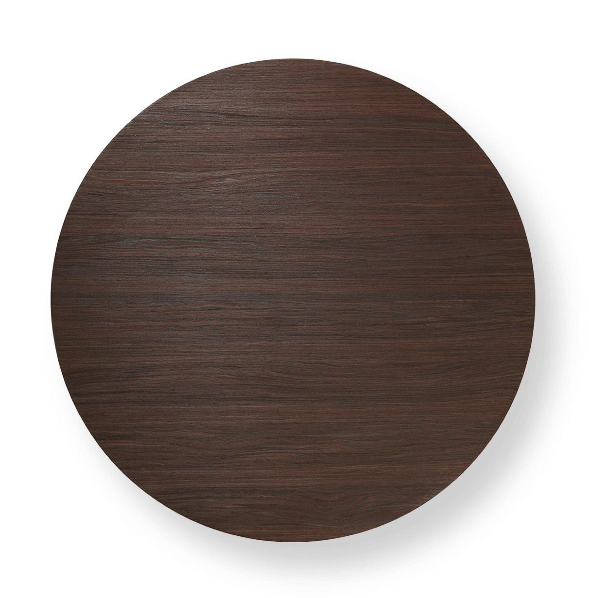 Draufsicht: Runder, brauner Post Kaffeetisch von Ferm Living mit feiner Holzmaserung.