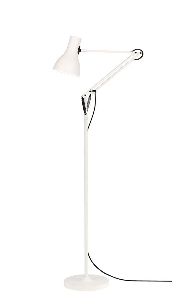 Weiße Anglepoise Type 75 Stehleuchte, verstellbarer Arm, modernes Design für Wohnzimmer und Büro.