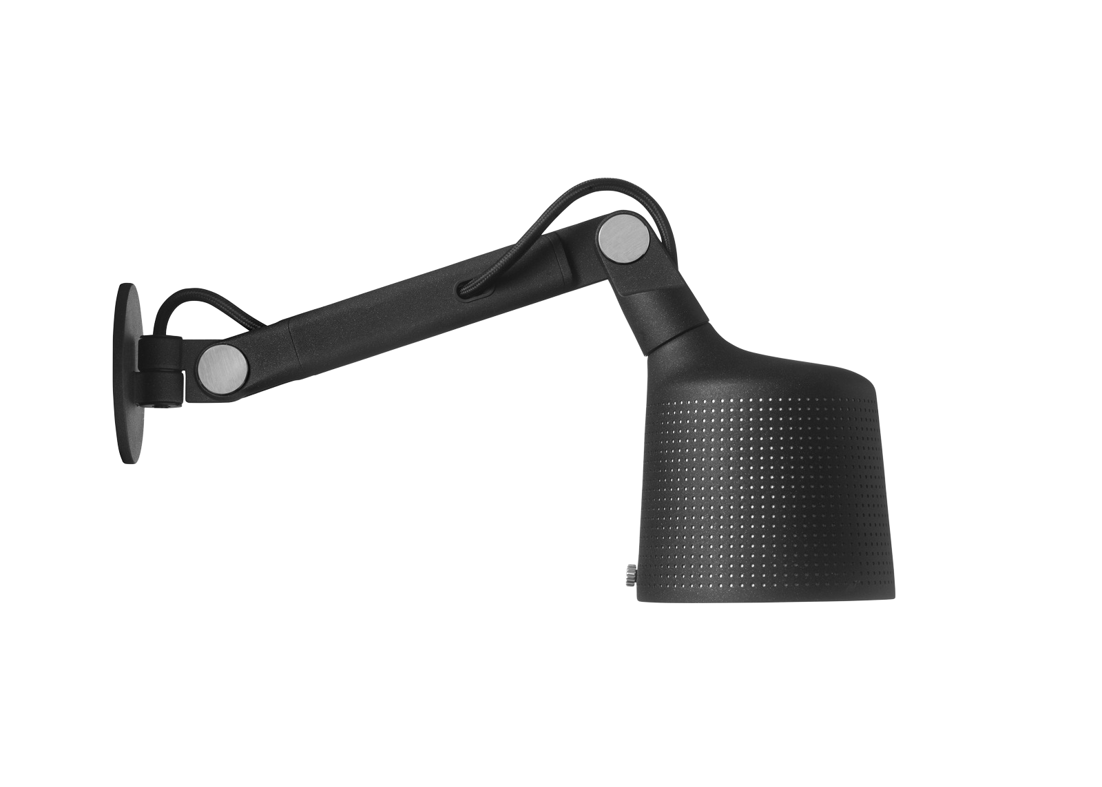 Schwarze Vipp Wandlampe mit verstellbarem Arm und perforiertem Lampenschirm für indirekte Beleuchtung.