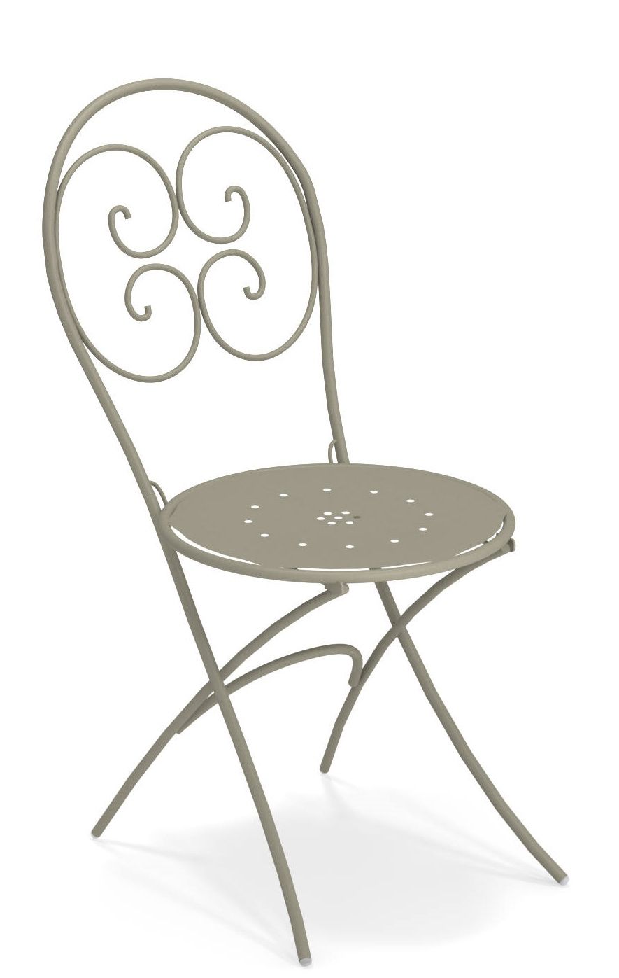 Pigalle Klappstuhl Outdoor Emu: Grauer Metallstuhl mit Lochmuster und geschwungenem Rückenteil für Garten und Balkon.