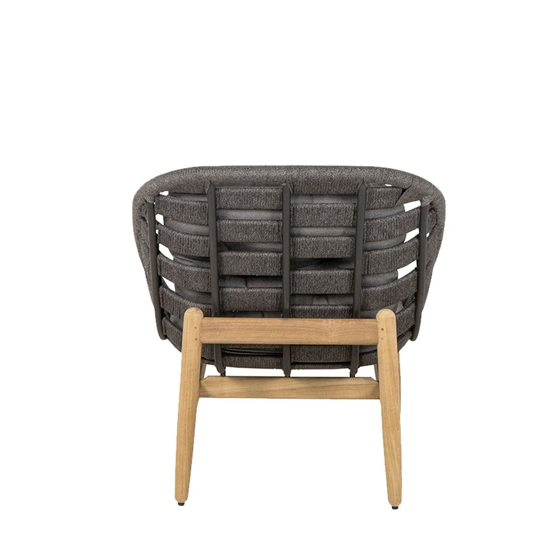 Rückansicht des Cane-Line Strington Outdoor Loungesessels in Dunkelgrau mit Holzgestell.