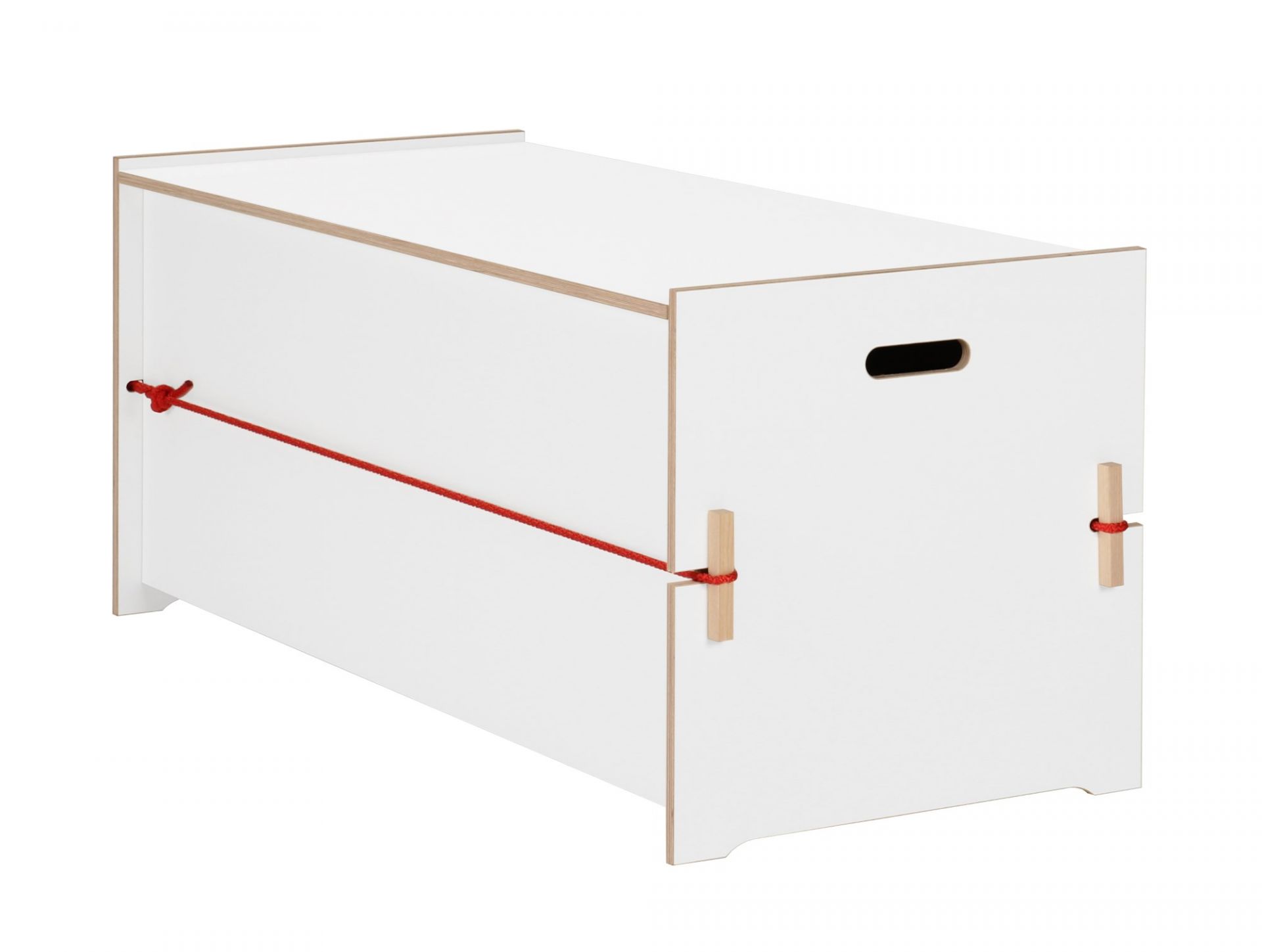 Trude von Nils Holger Moormann: Weißer, rechteckiger Aufbewahrungskasten mit roter Kordel und Griffloch für Kinderzimmer.