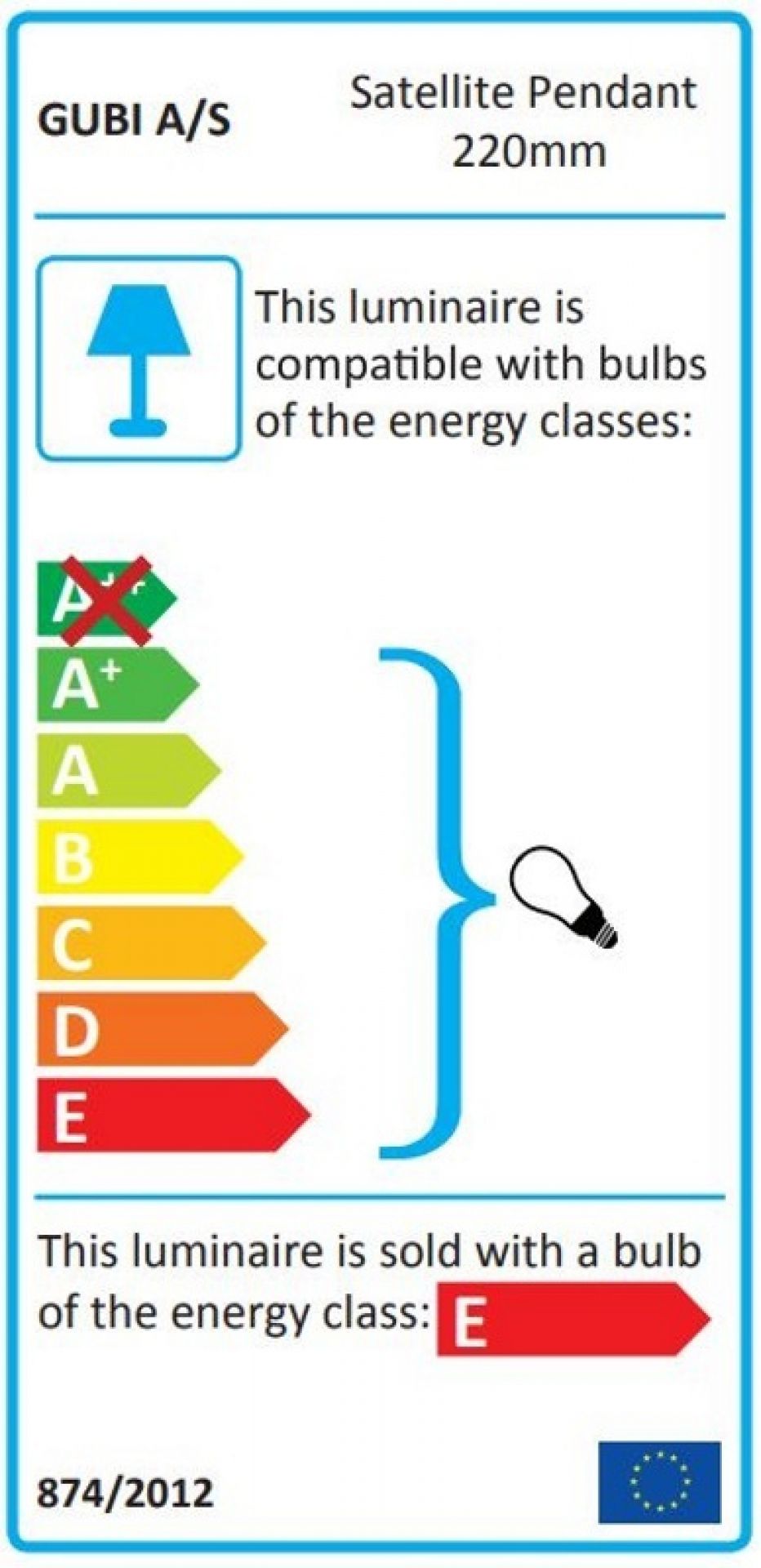 Energieeffizienzlabel der Gubi Satellite Pendelleuchte. Informationen zu Energieklassen und Kompatibilität.