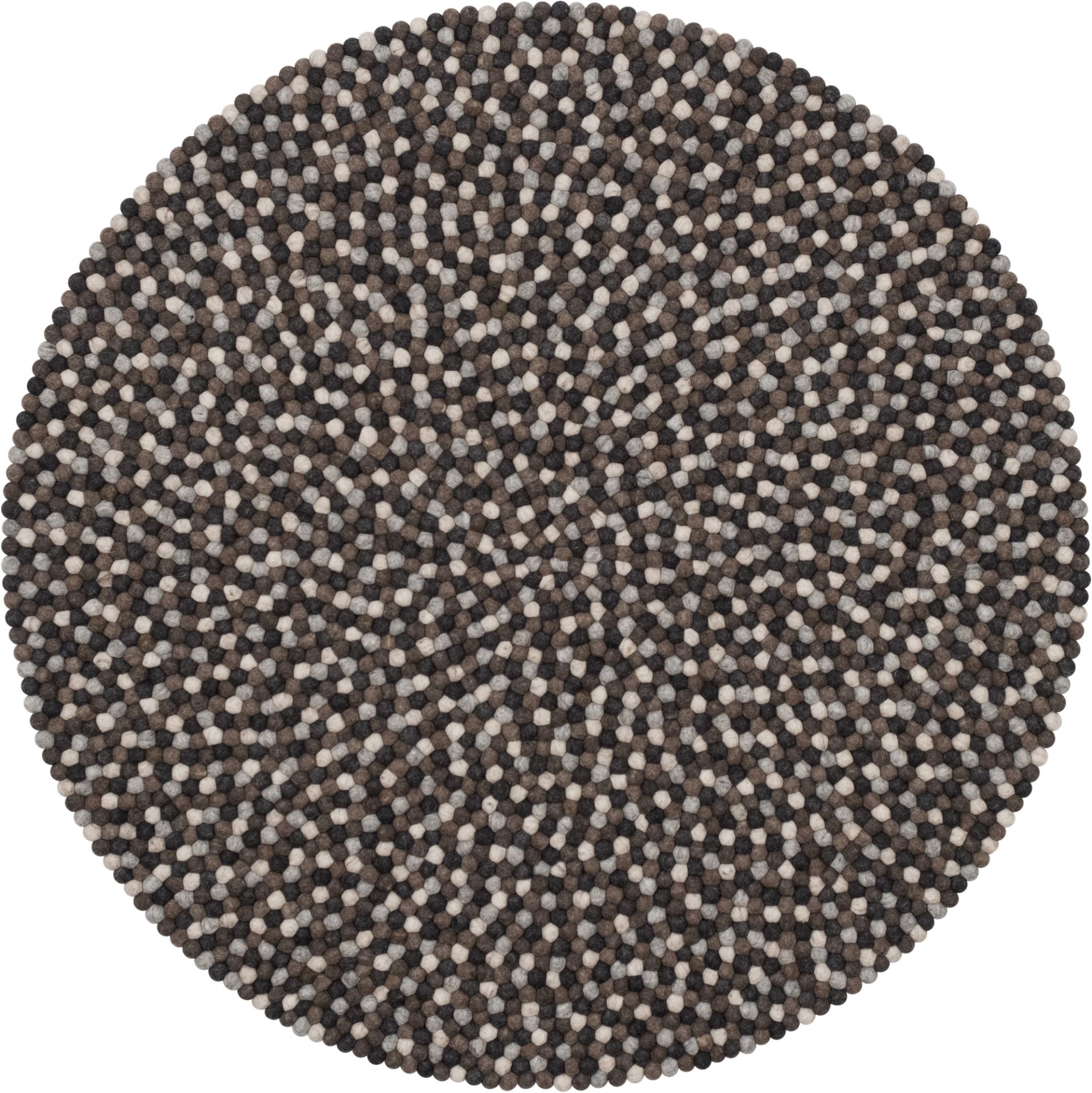 Runder Filzkugel Teppich "Nela" in Grau- und Beigetönen, Durchmesser 180 cm, handgefertigt.