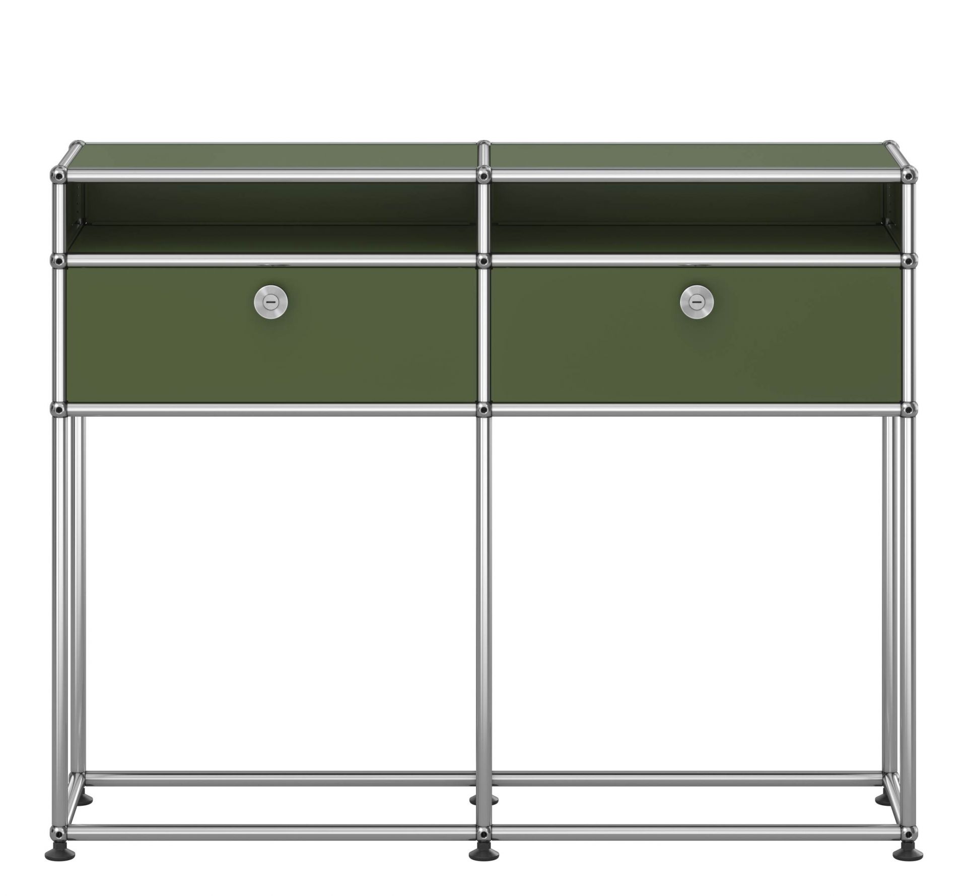 USM Haller Sideboard in Olivgrün mit zwei Schubladen und offenen Fächern auf Chromgestell.