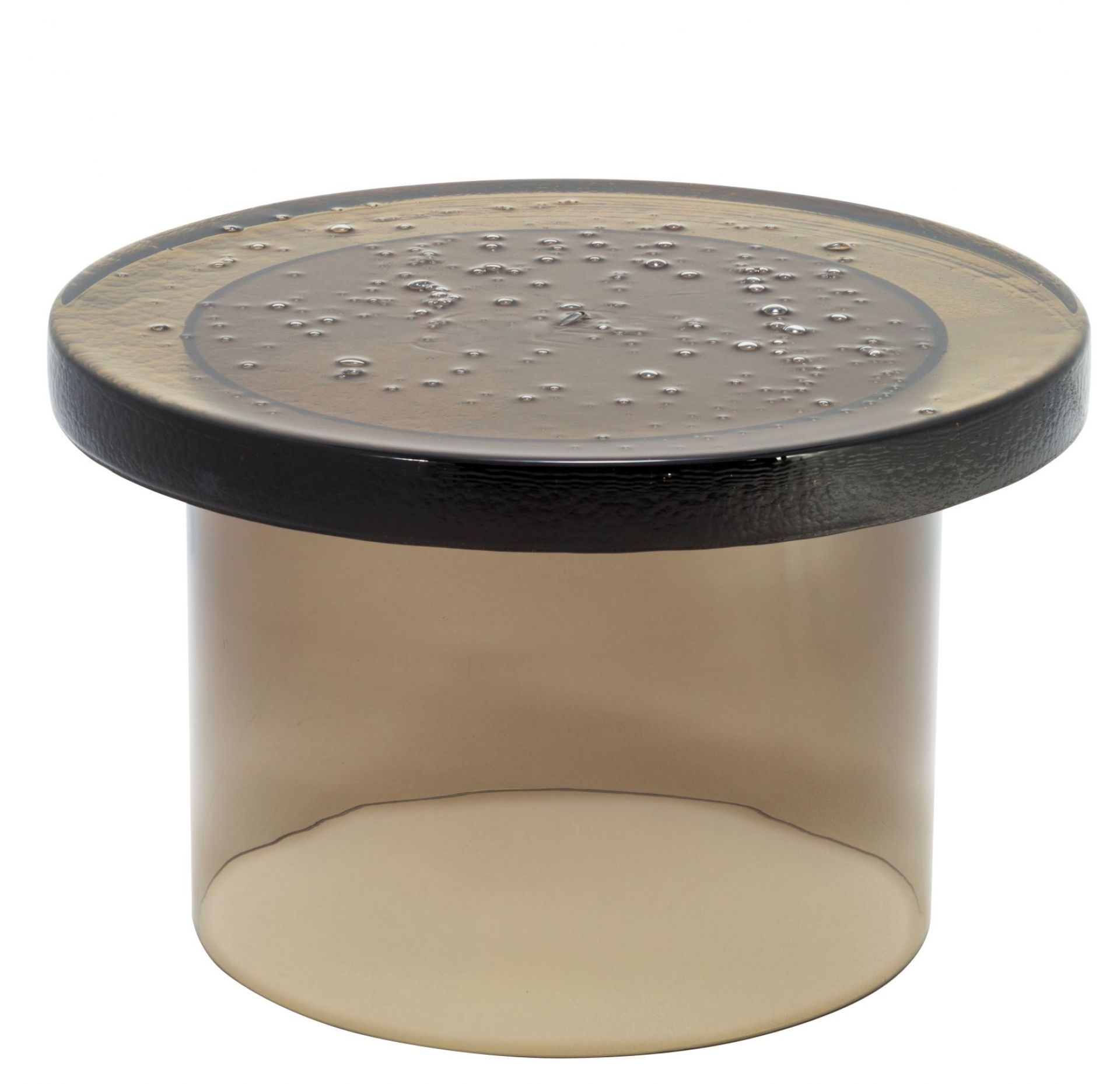 Alwa Couchtisch in Rauchgrau: Runder Beistelltisch aus Glas mit Lufteinschlüssen für Wohnzimmer.