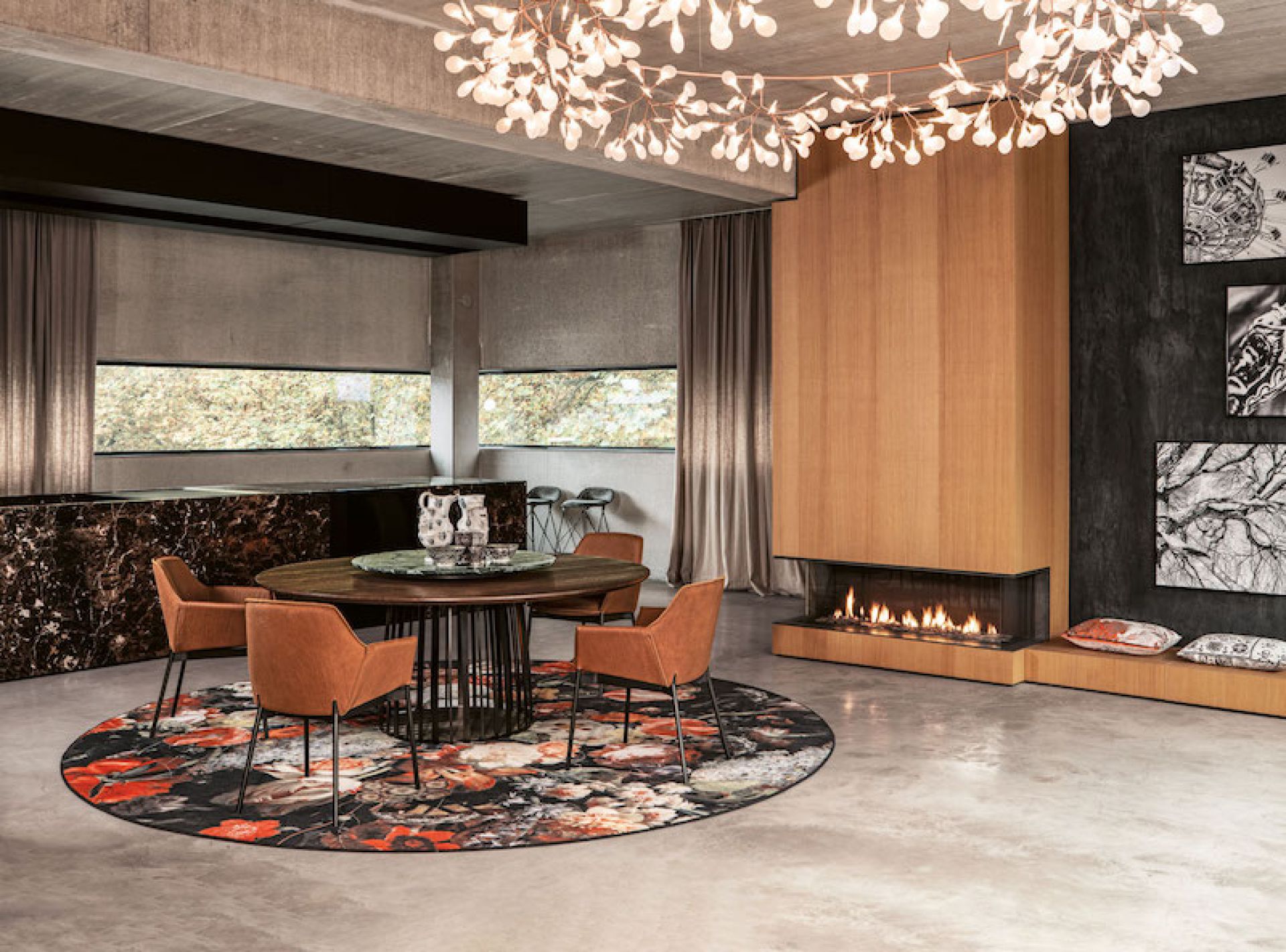 Runder Janua BC 07 Basket Tisch aus geräucherter Eiche mit schwarzem Stahlgestell in Szene gesetzt.