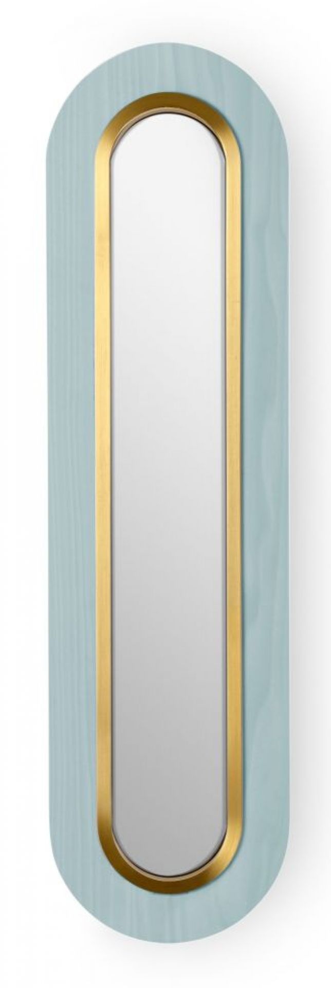 Lens LED Wandleuchte von LZF Lamps: Ovale, gestreckte Leuchte in Meeresblau mit goldenem Metallring.