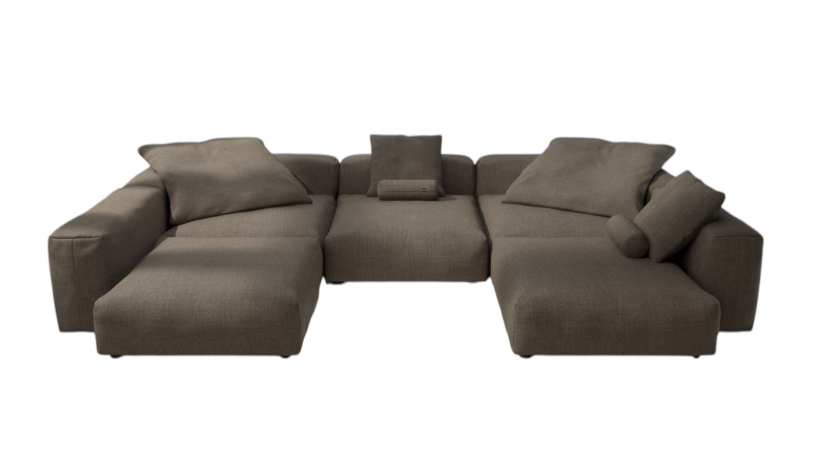Vetsak Sofa Set 06 Outdoor, modernes 6,5-Sitzer Lounge Sofa in braun mit vielen Kissen.