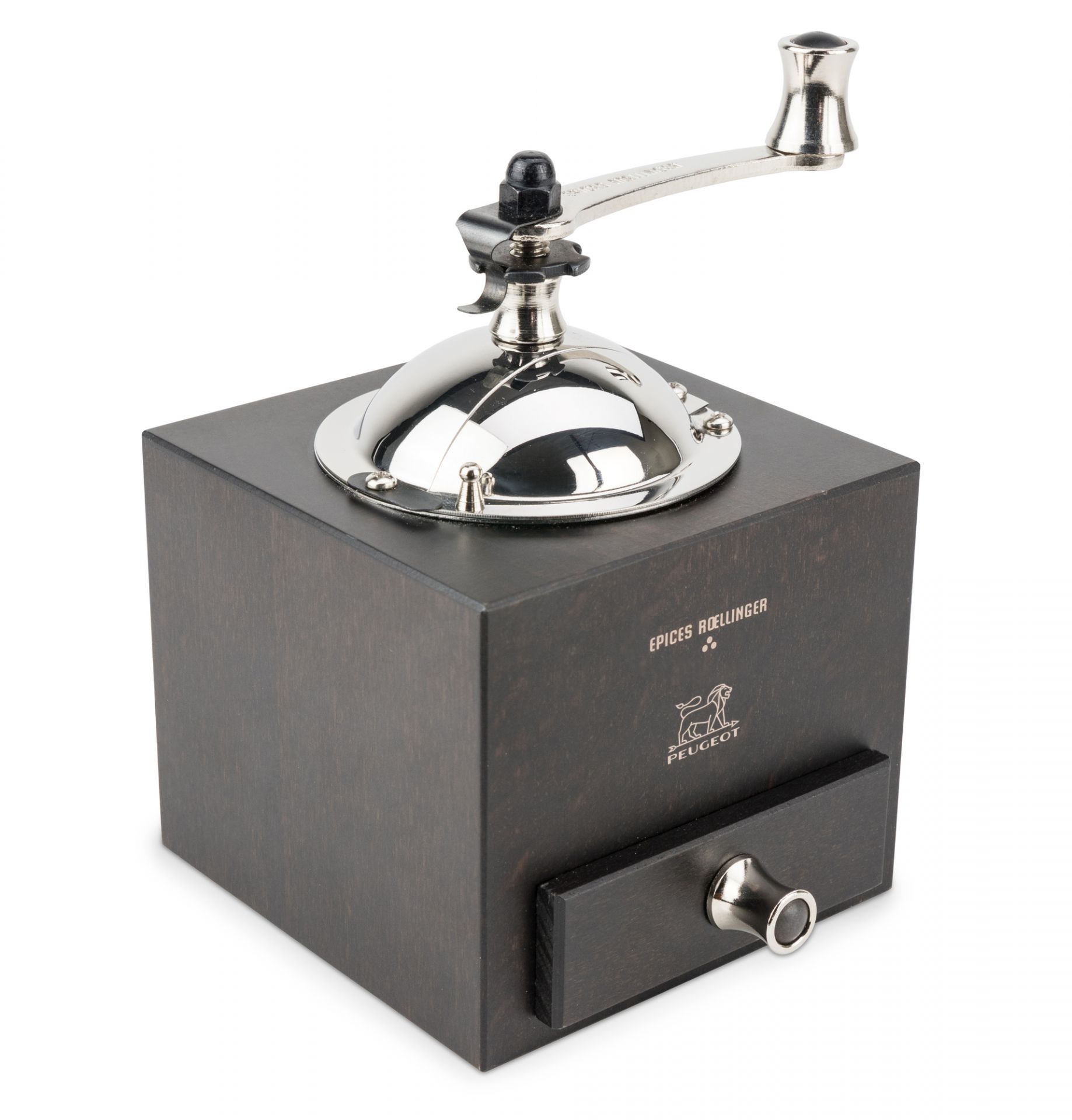 Roellinger Pfeffermühle von Peugeot aus dunklem Holz mit Kurbel und Schublade.