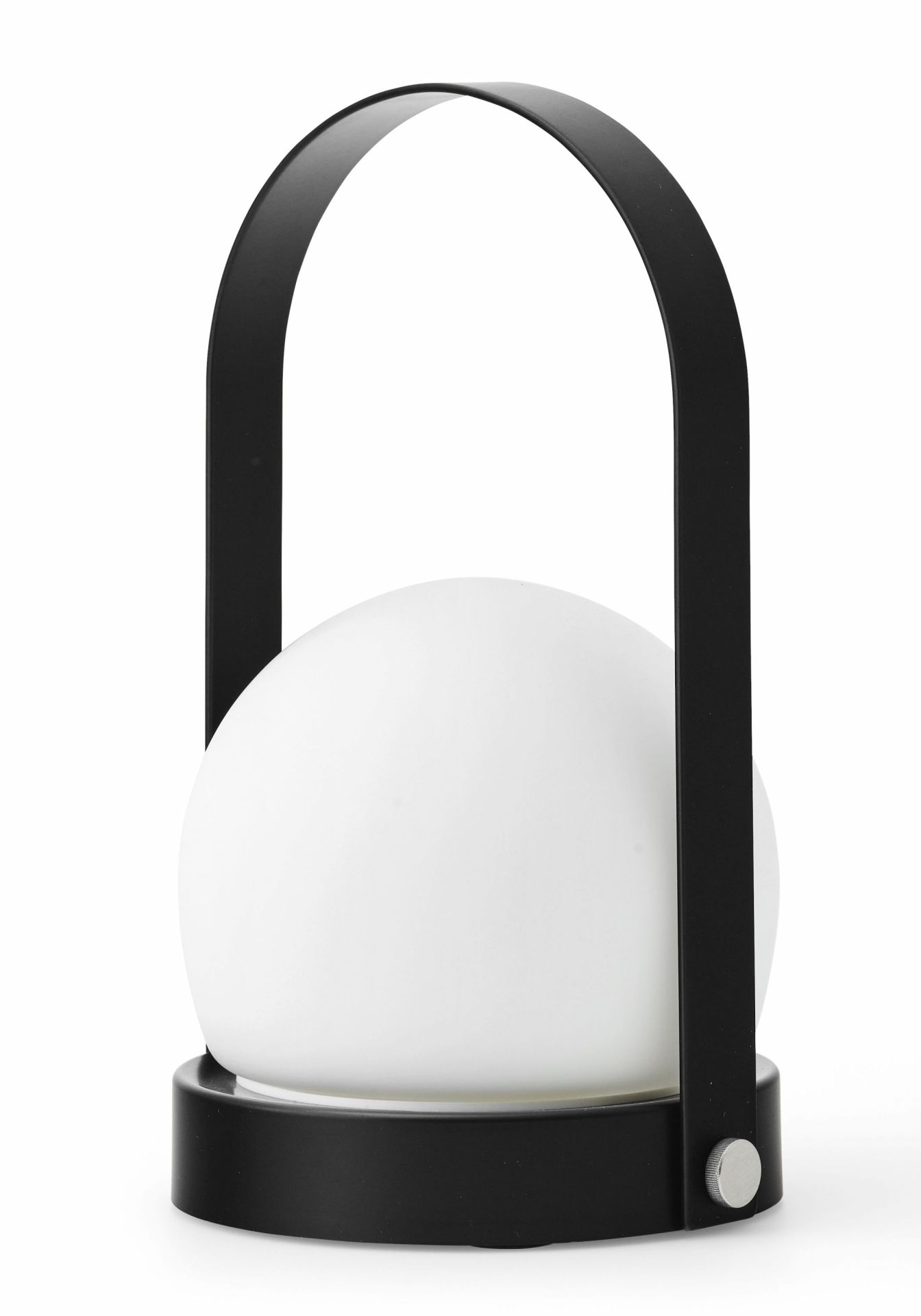 Weiße Carrie Tischleuchte mit schwarzem Tragegriff, tragbare Akkuleuchte für den Innen- und Außenbereich.