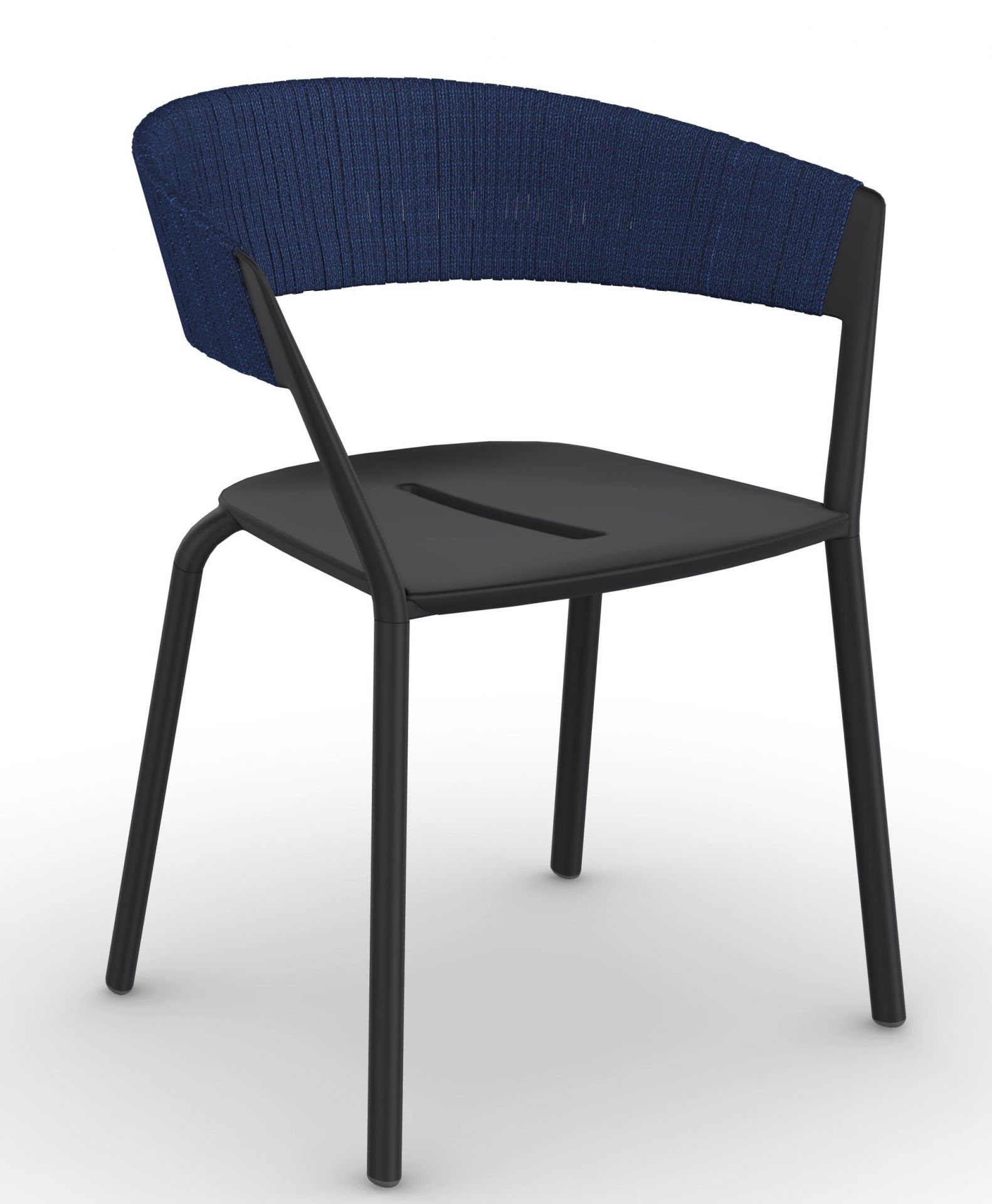 Schwarzer Ria Stuhl mit blauer Rückenlehne aus Stoff, moderner Design Stuhl für Esszimmer.