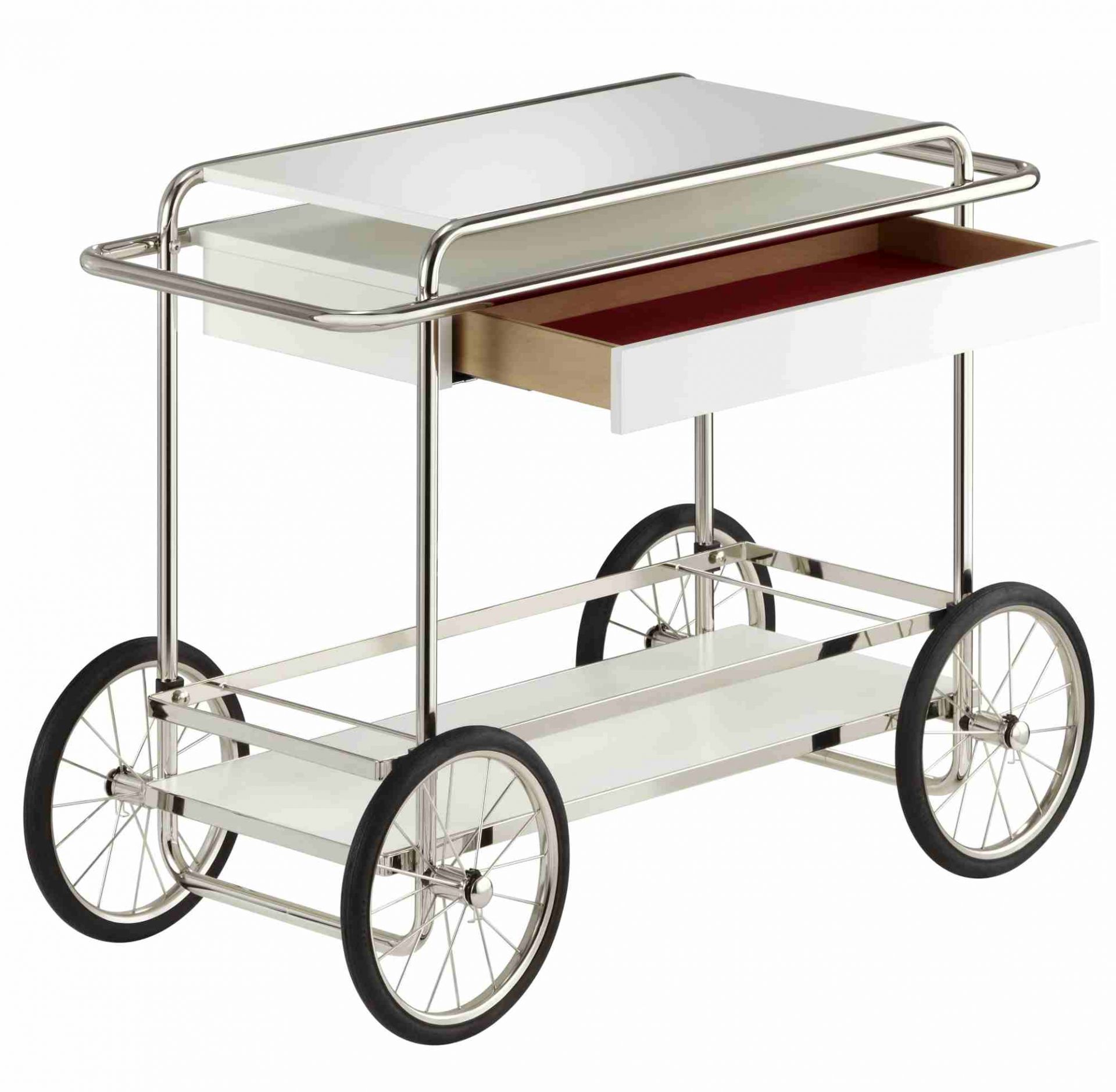 M4RS Tecta Barwagen in Schwarz und Anthrazit mit offener Schublade und Rädern.