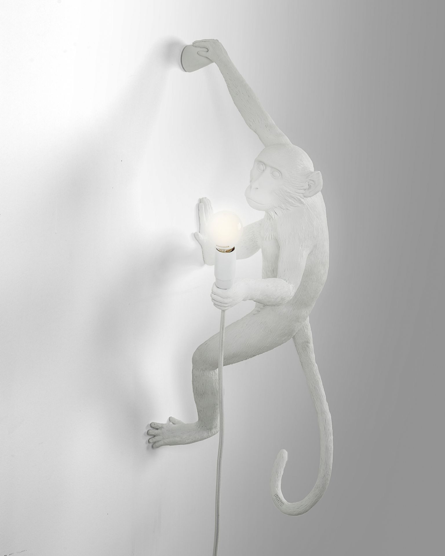 Weiße Seletti Monkey Lamp Wandleuchte rechts, ein Affe hält eine Glühbirne an der Wand.