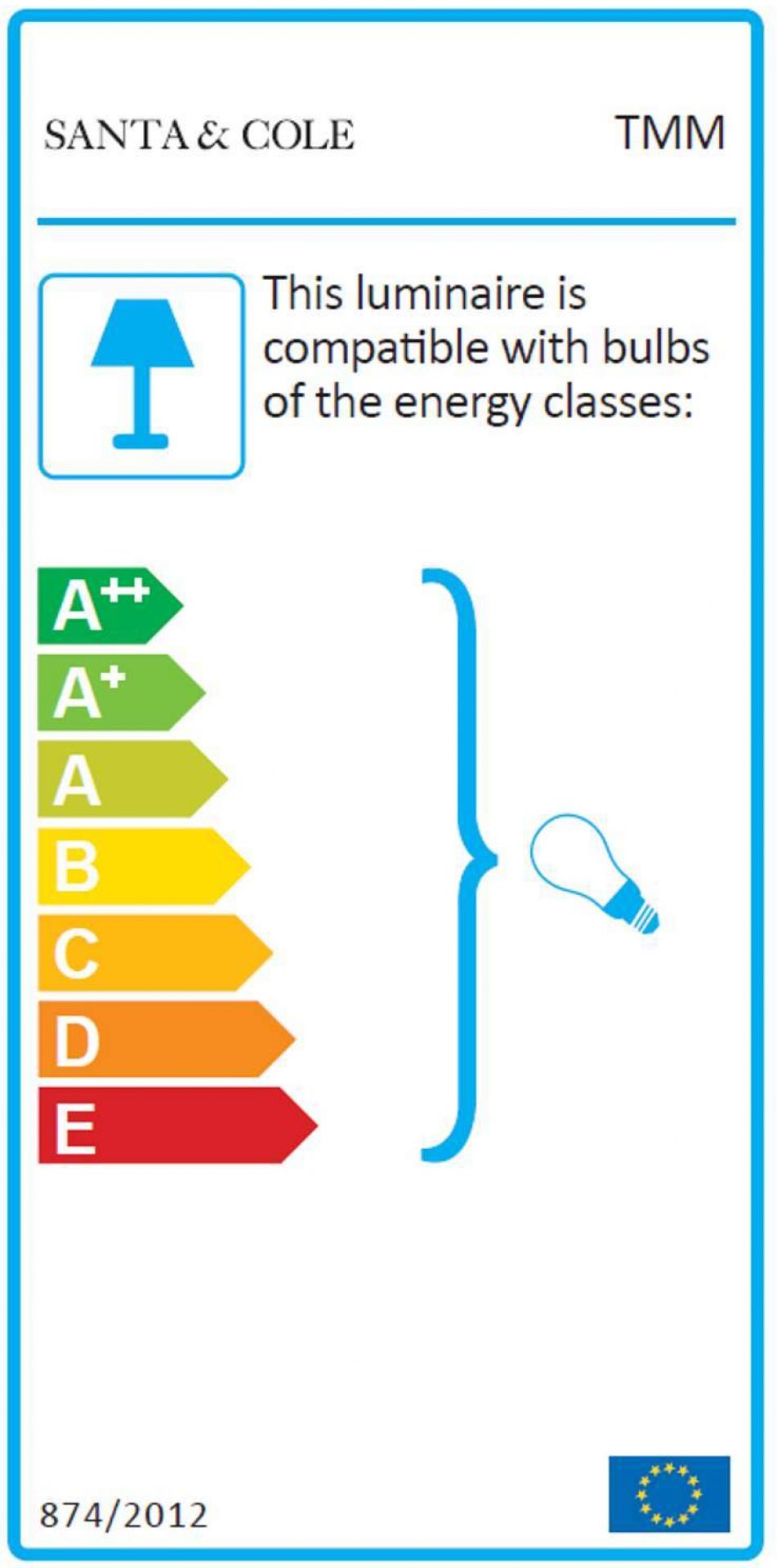 Energieeffizienzlabel für Santa & Cole TMM Wandleuchte, kompatibel mit Leuchtmitteln der Energieklassen A++ bis E.