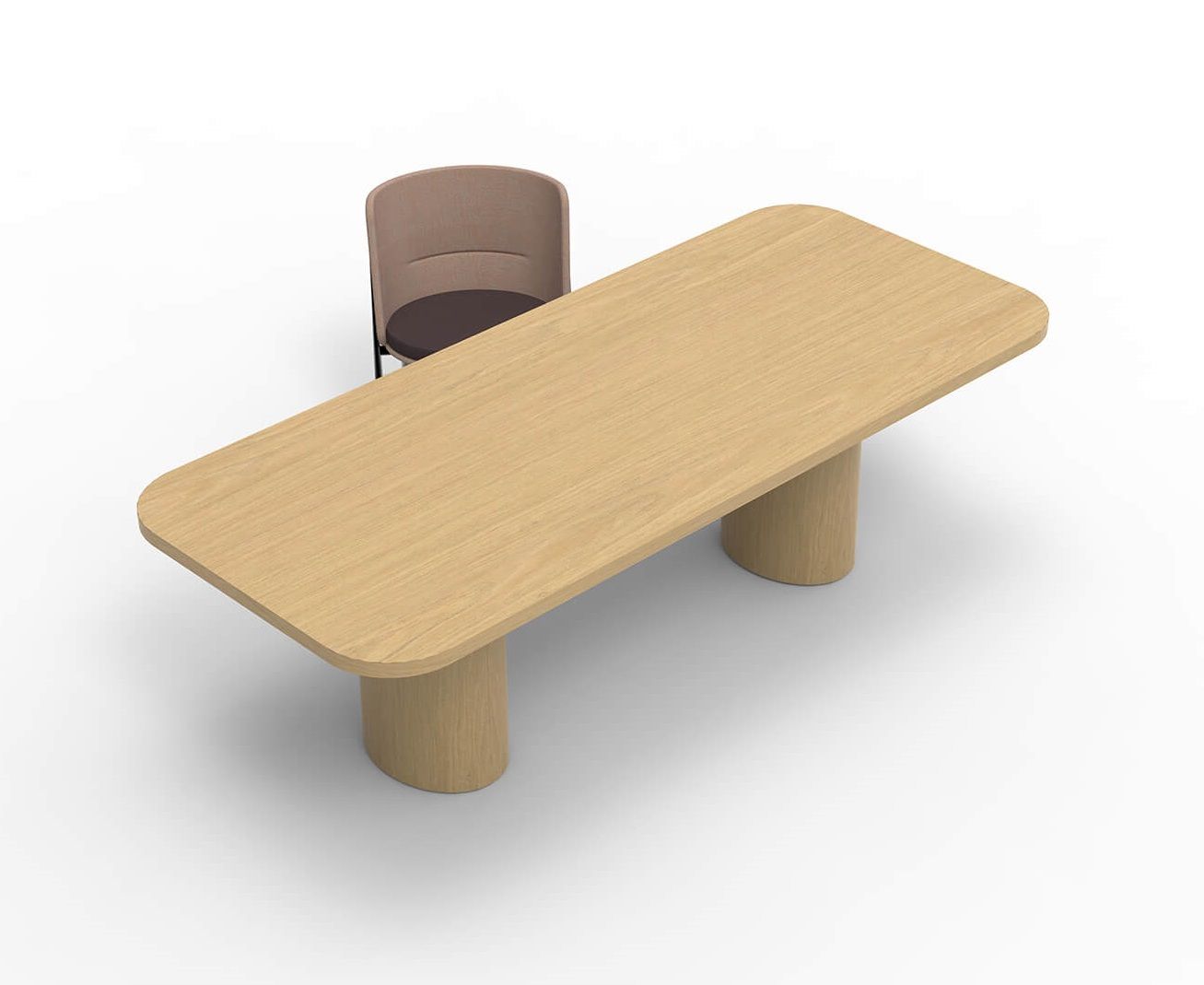 Tecta Tisch: Heller Holztisch mit abgerundeten Ecken, geeignet als Esstisch oder Konferenztisch.