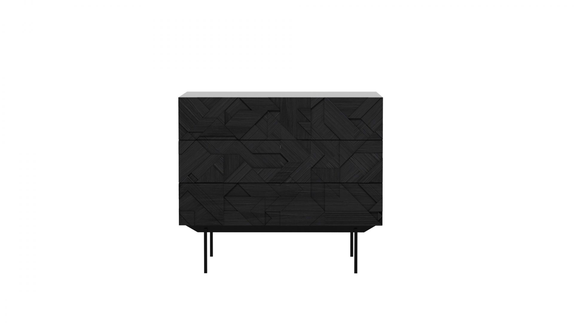 Ethnicraft Graphic Kommode: Schwarze Holzkommode mit drei Schubladen und geometrischem Muster. Moderne Aufbewahrung für Schlafzimmer.