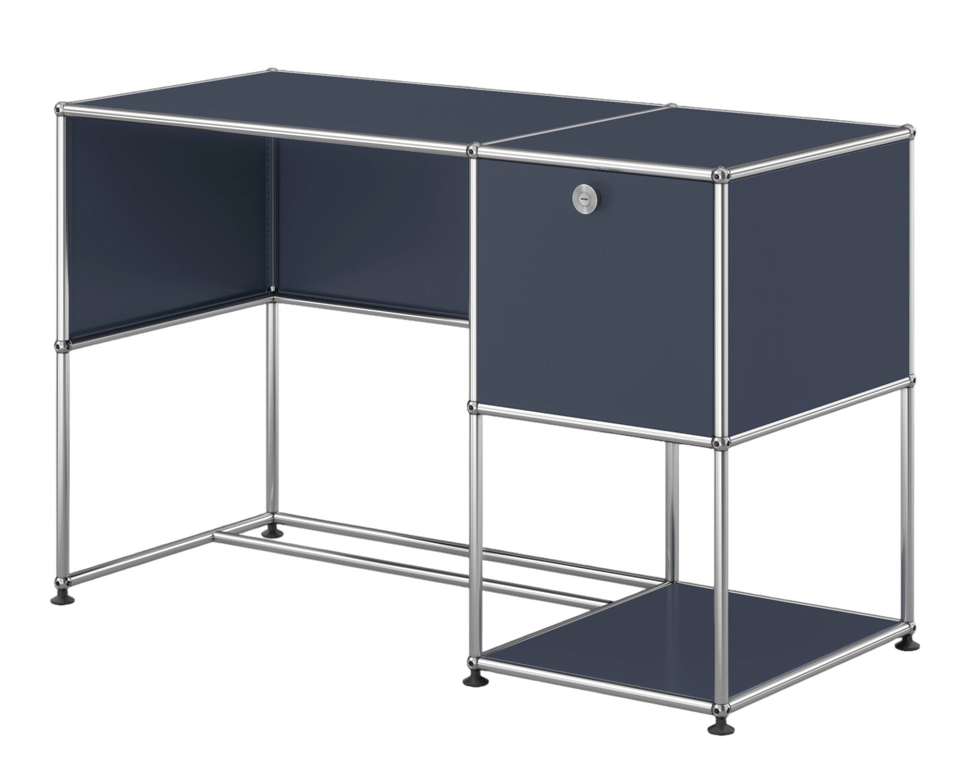 USM Haller Schreibtisch in Anthrazitgrau mit einem Schubladenelement und verchromtem Gestell, modernes Design für Büro und Arbeitszimmer.