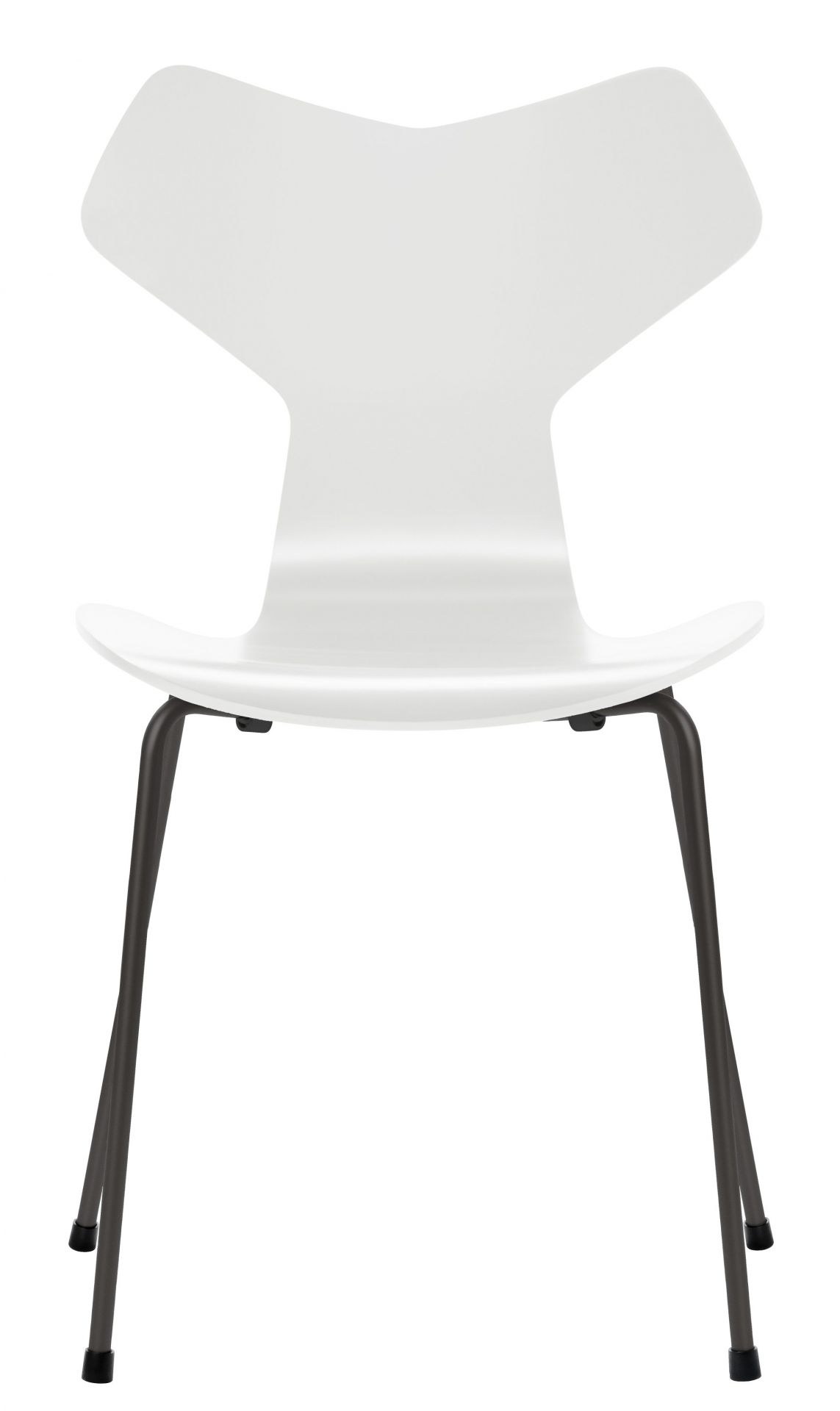 Weißer Grand Prix Stuhl von Fritz Hansen mit schwarzen Beinen, Frontansicht. Designklassiker für Esszimmer und Büro.