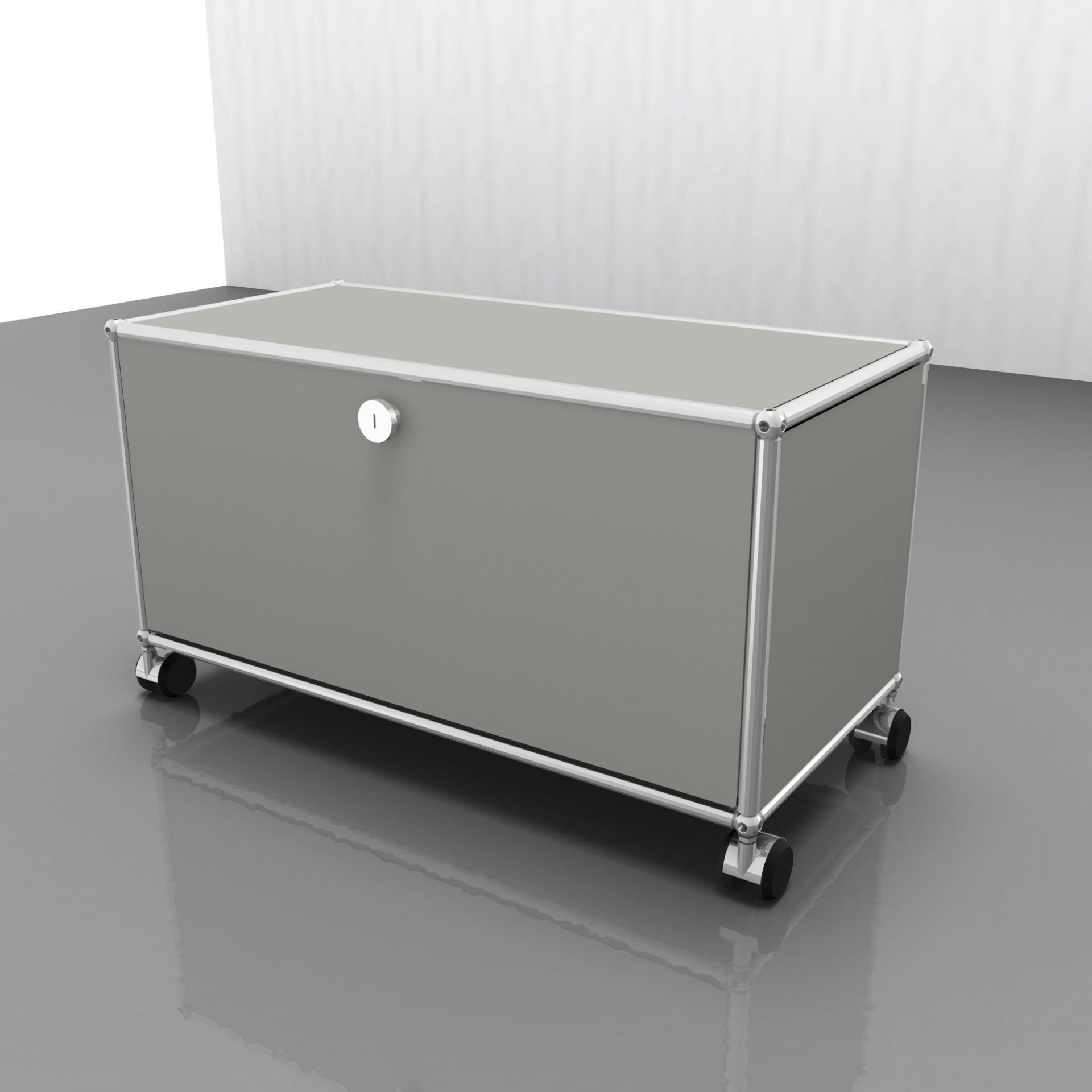 Graues USM Haller Möbel mit Rollen, abschließbarer Tür und verchromtem Gestell für TV- und Hi-Fi-Geräte.