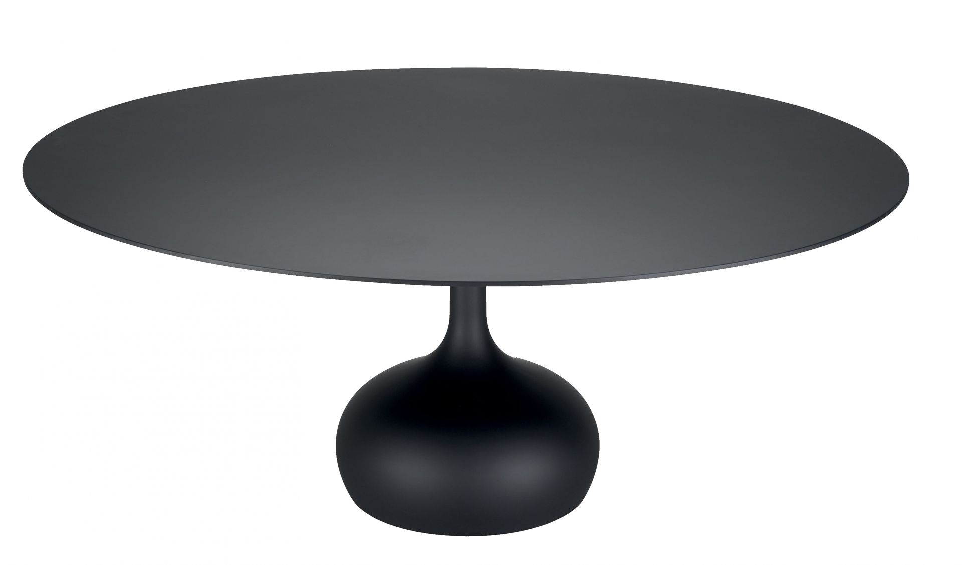 Schwarzer Saen Esstisch mit runder Tischplatte und außergewöhnlichem, kugelförmigem Fuß. Moderner Esstisch für Esszimmer.