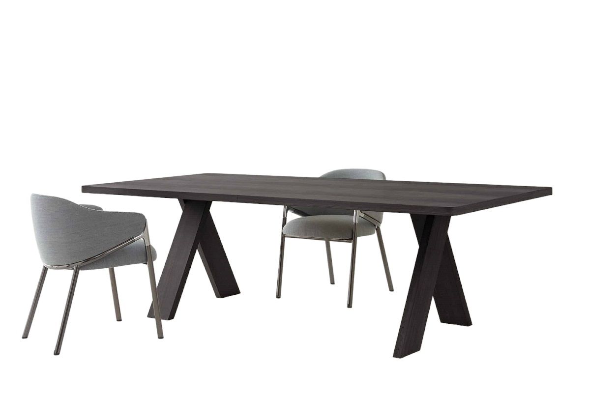 Artful Wood Table: Dunkler Holztisch mit X-förmigem Gestell und zwei grauen Stühlen.