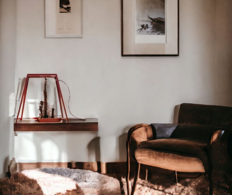 Bridge Tischleuchte von Foscarini, rote Designerlampe auf einem Regal, neben einem braunen Sessel.