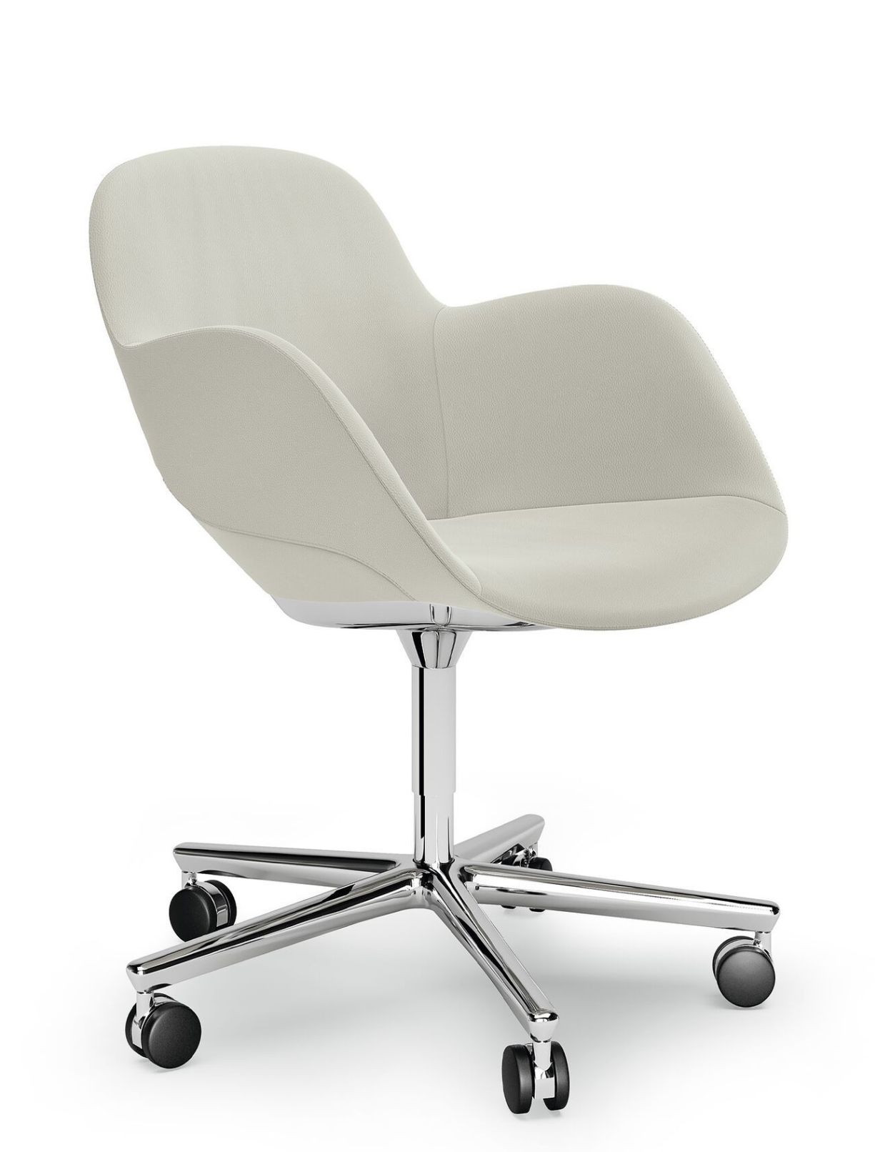 Sheru Stuhl mit Rollen: Moderner Bürostuhl in Beige mit Chromfußkreuz und Rollen.