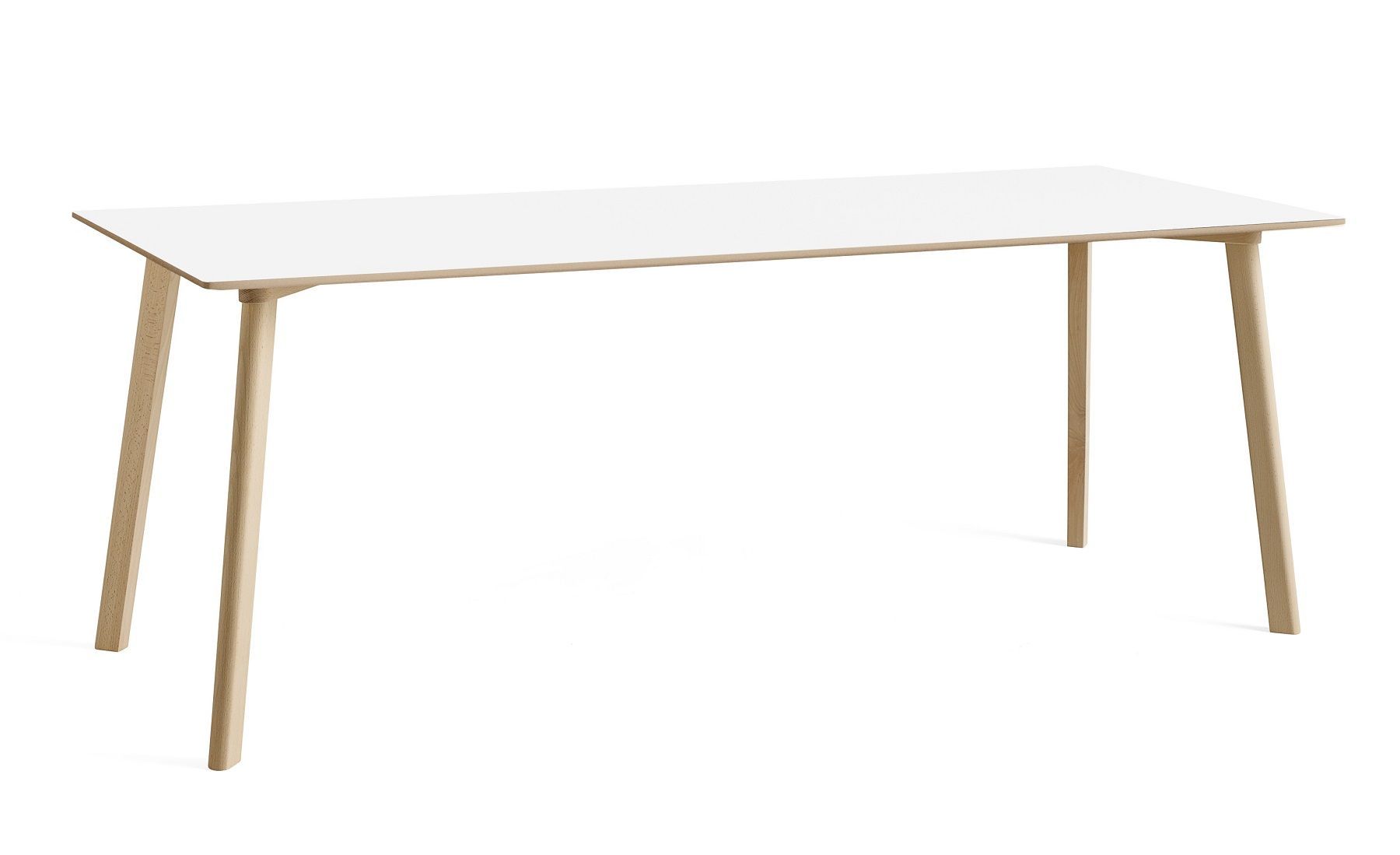 Heller CPH Deux Tisch von Hay, 200x75 cm, mit weißer Tischplatte und Holzbeinen.