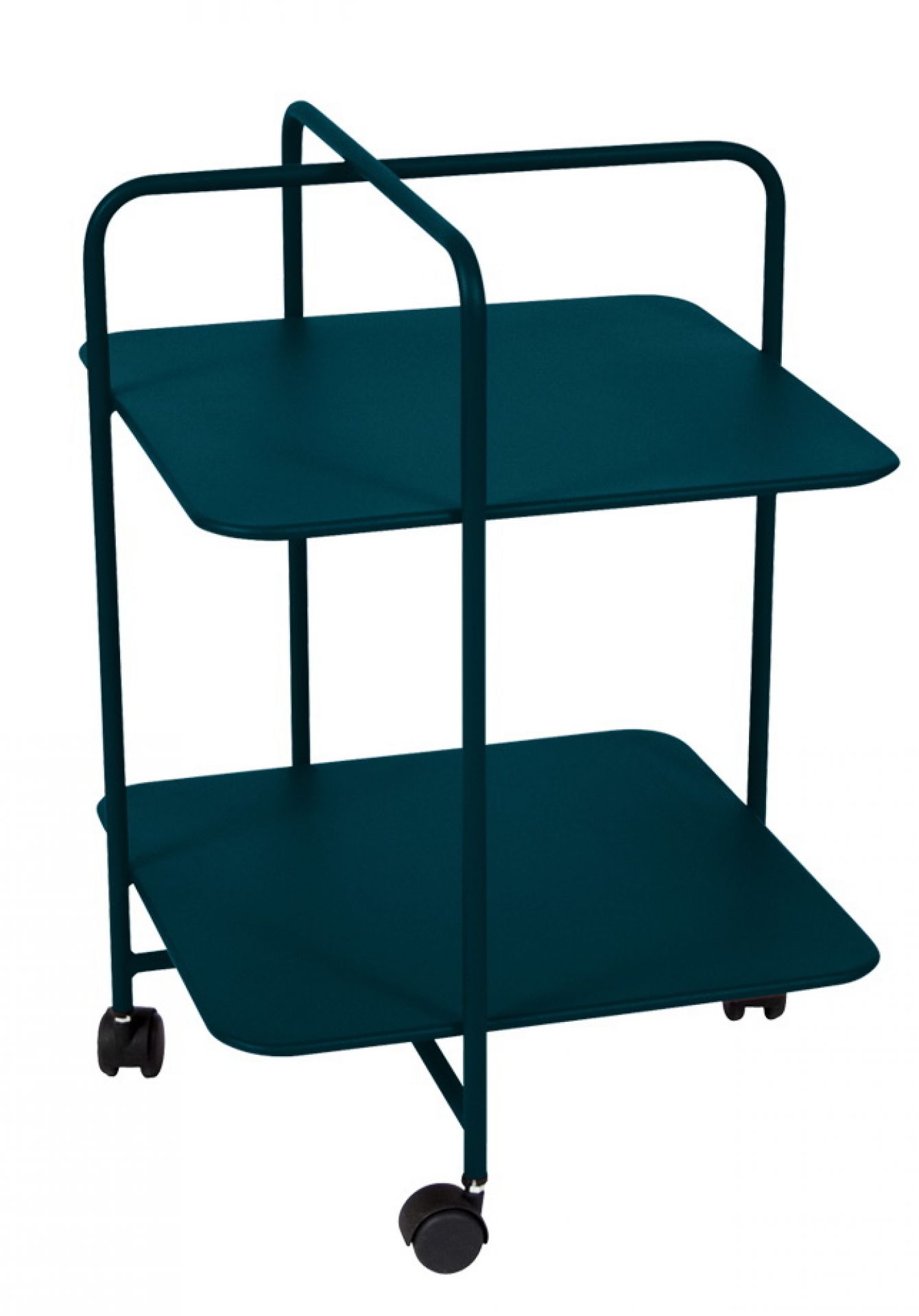 Alfred Beistelltisch von Fermob in Dunkelblau: Outdoor Servierwagen mit zwei Ablageflächen und Rollen.