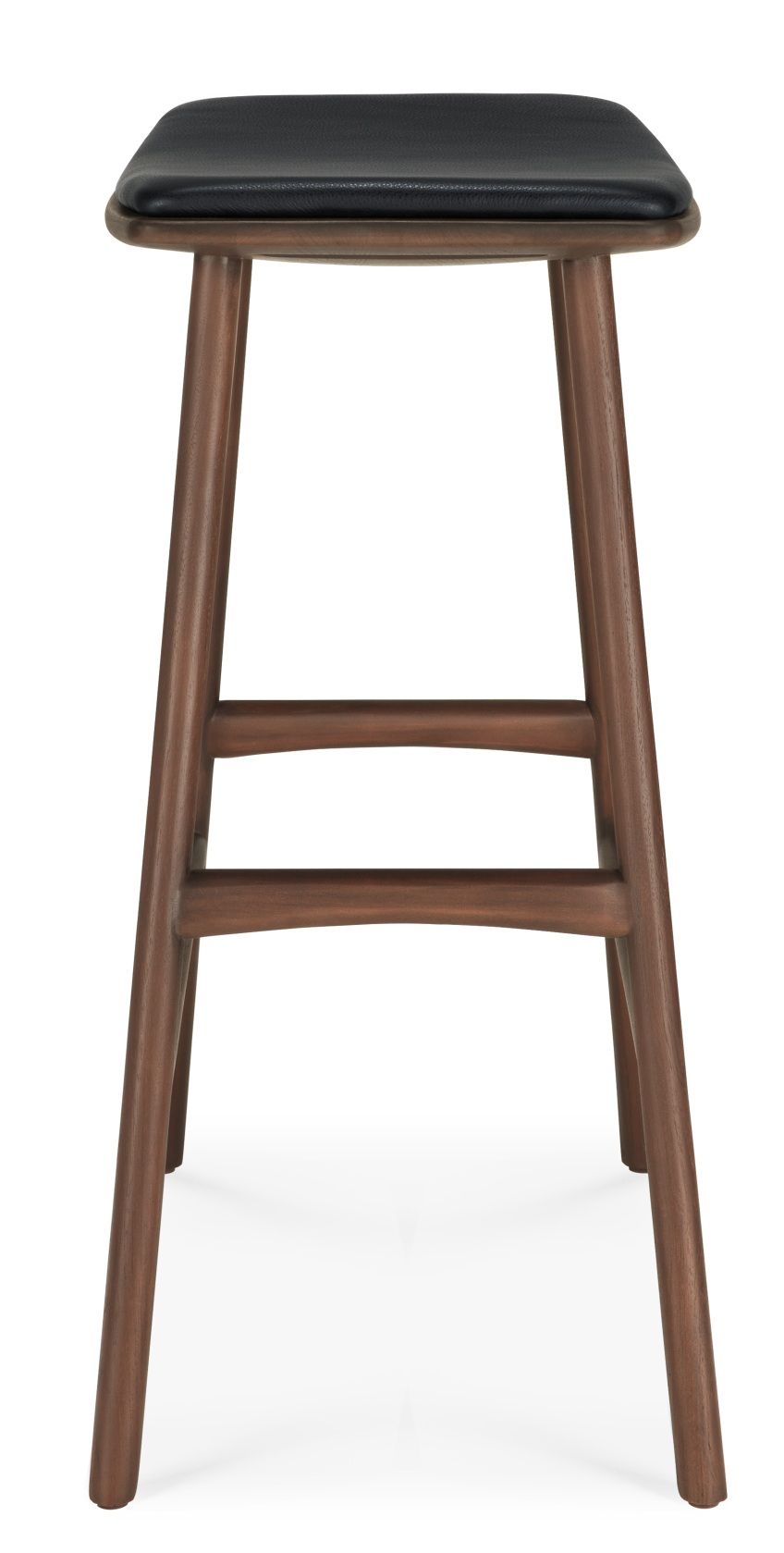 Ethnicraft Osso Barhocker mit schwarzem Ledersitzpolster, Holzgestell, moderne Barstühle für die Küche.