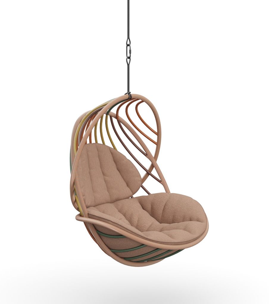 Kida Hängesessel von Dedon mit beigen Polstern, hängend an einer Kette. Outdoor Möbel.