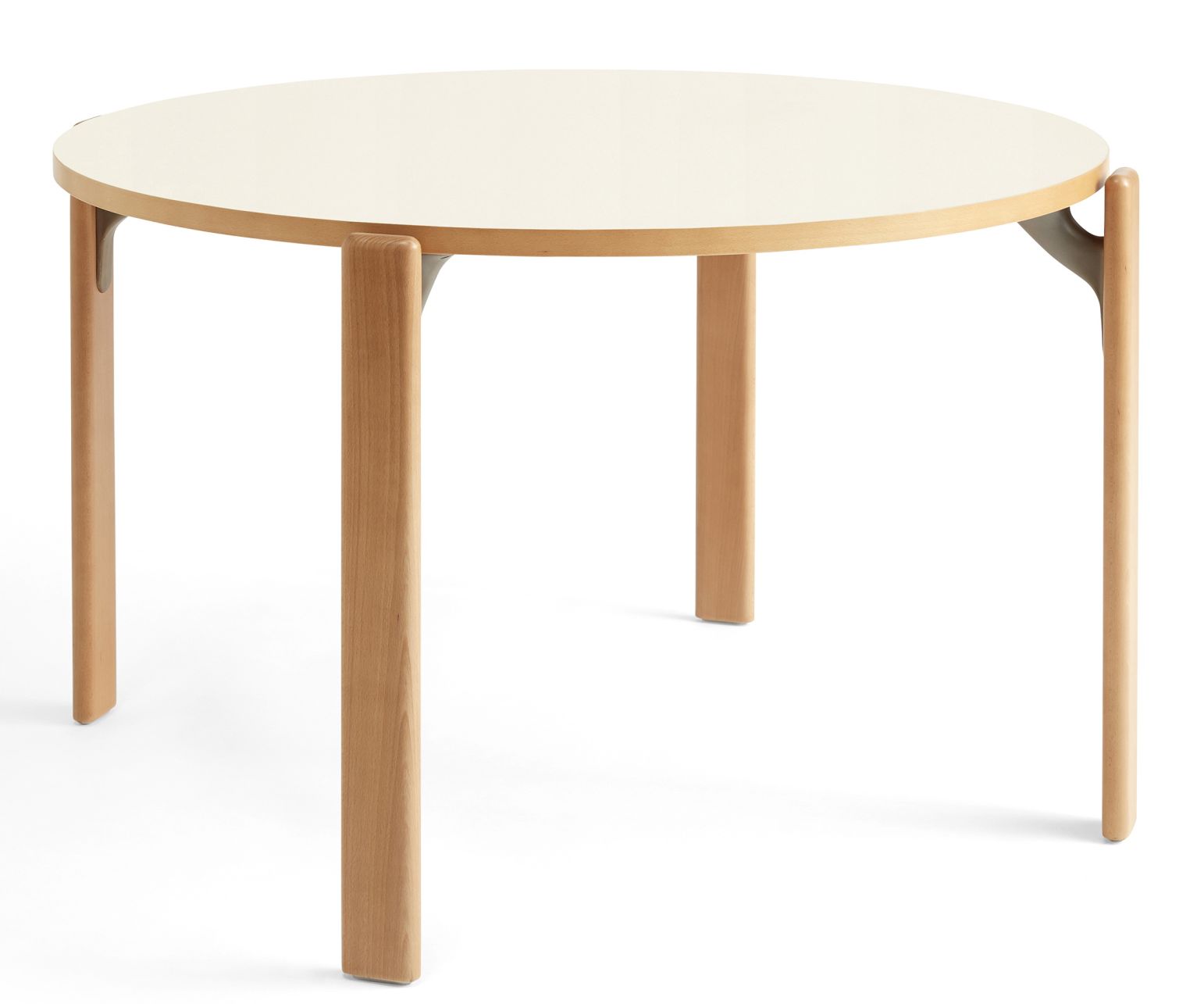 Runder Rey Table Tisch von Hay mit elfenbeinfarbener Laminatplatte und Holzbeinen.