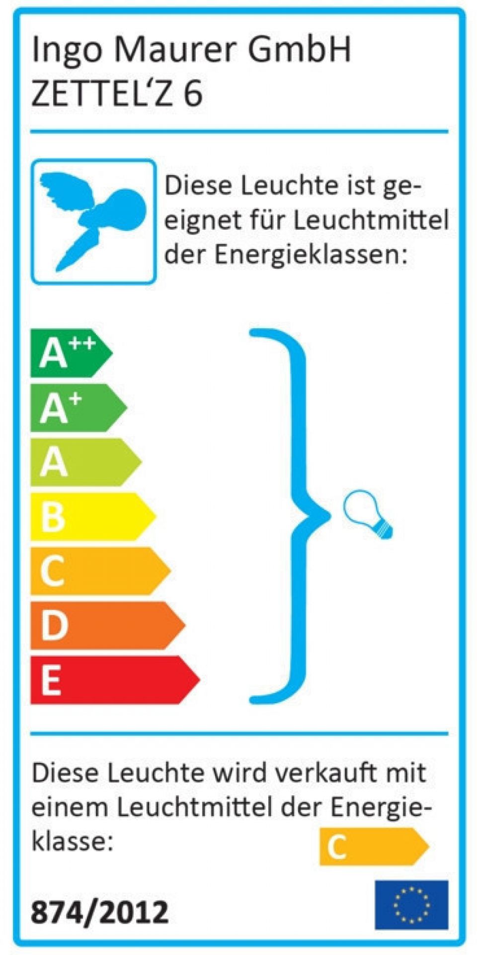 Energieeffizienzlabel der Ingo Maurer Zettel'z 6 Hängeleuchte, Spektrum von A++ bis E, inklusive Leuchtmittel der Klasse C.
