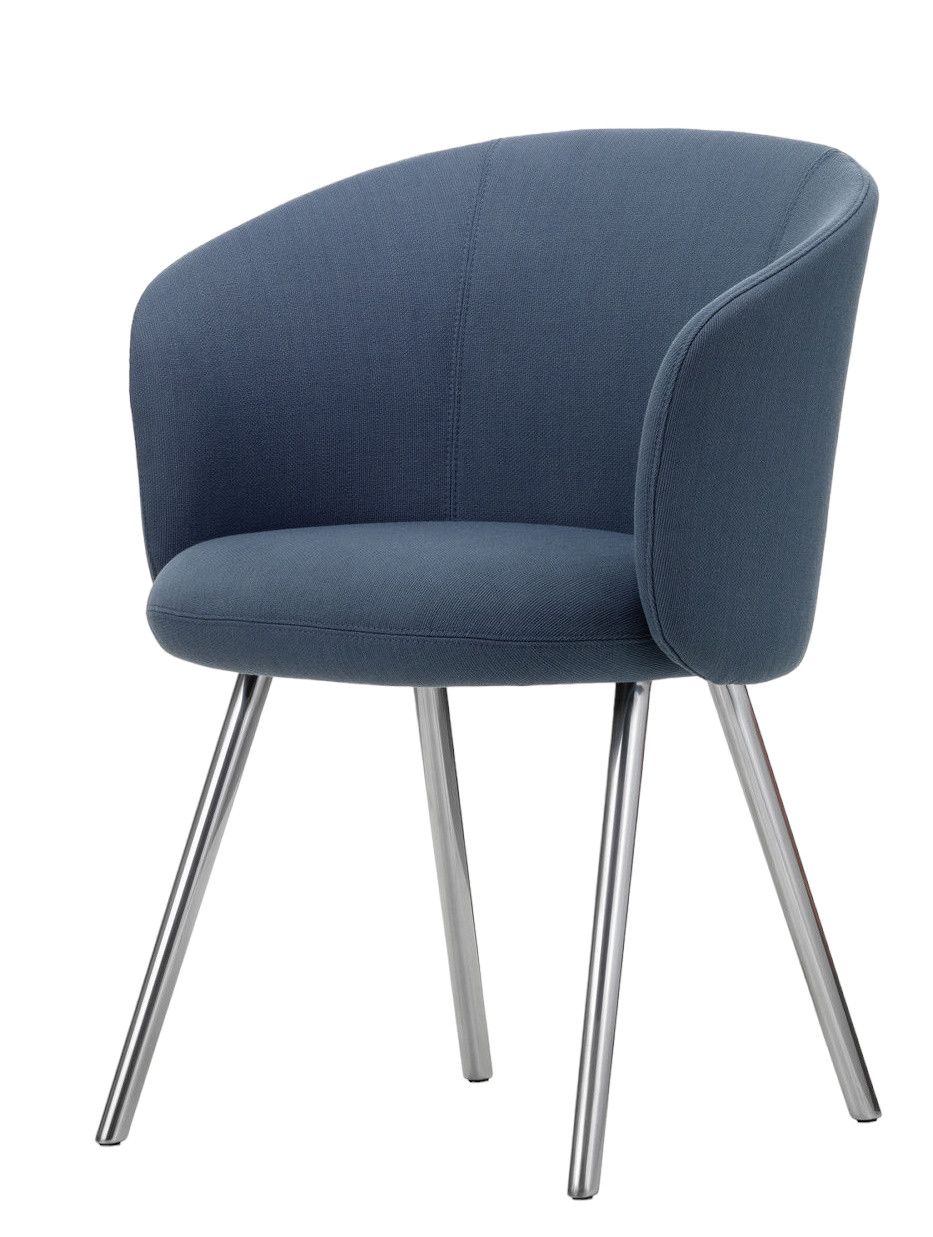 Blauer Mikado Armlehnstuhl mit Stoffbezug und silberfarbenen Metallbeinen, ideal als moderner Stuhl für Wohnräume.