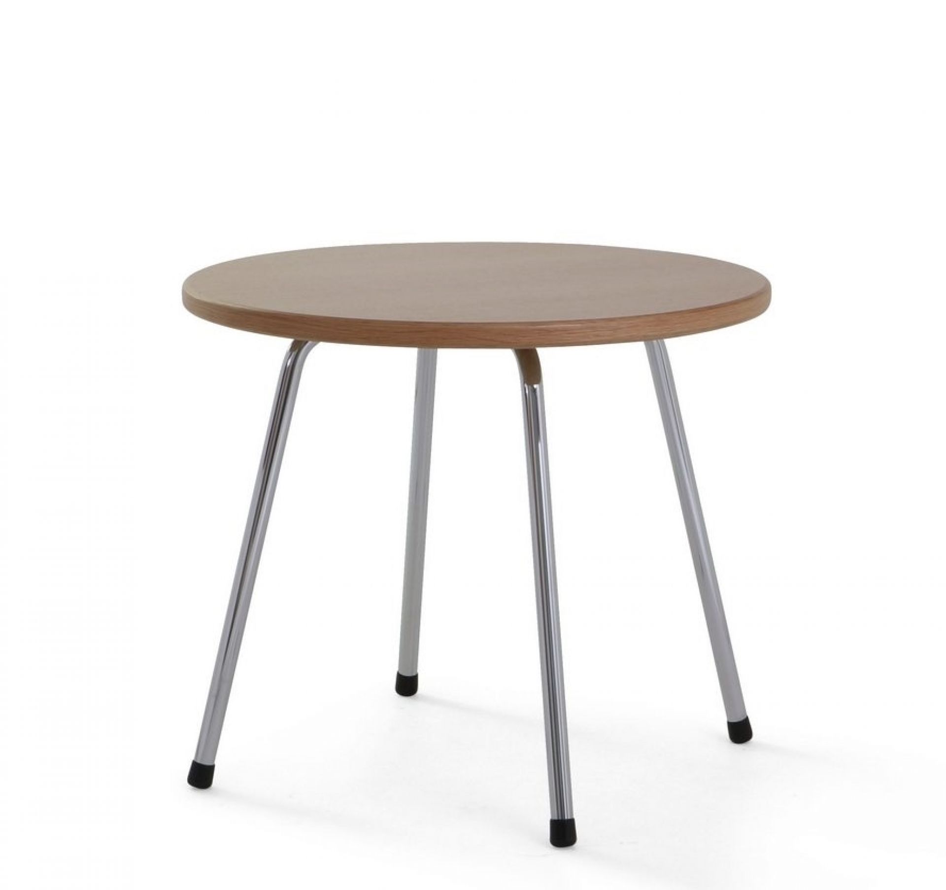 SE 330 Couchtisch von Wilde+Spieth: Runder Beistelltisch mit Holzplatte und verchromten Beinen.