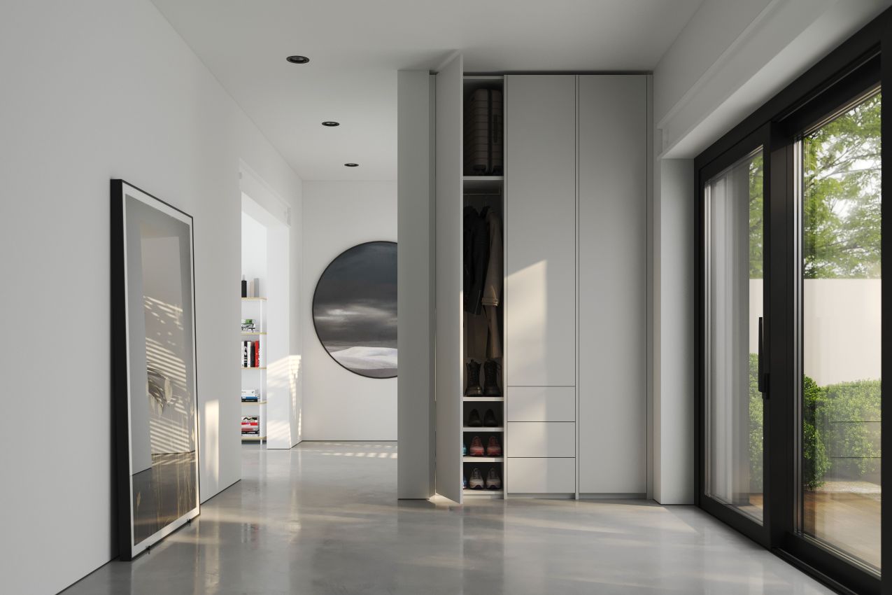 Moderner, weißer MODULAR PLUS Schrank von Müller Möbelwerkstätten mit drei Schubkästen im Flur.