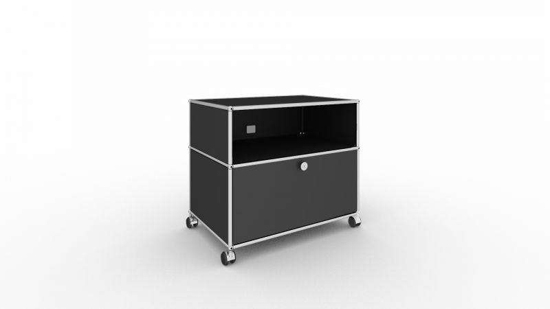 Schwarzes USM Haller TV Möbel auf Rollen mit einem offenen Fach und einer Schublade.