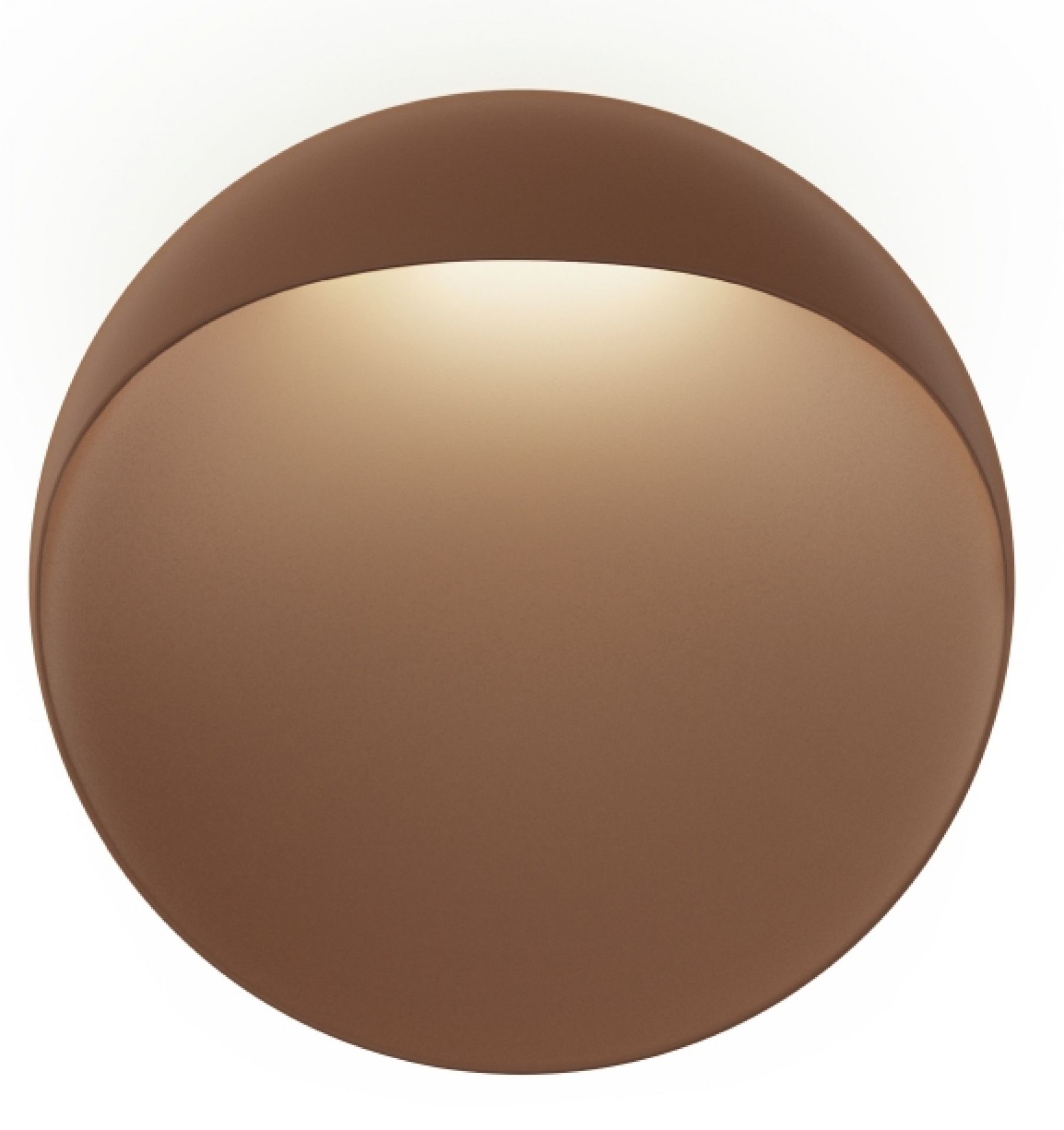 Nahaufnahme der runden, braunen Flindt Wandleuchte von Louis Poulsen mit indirektem Licht.